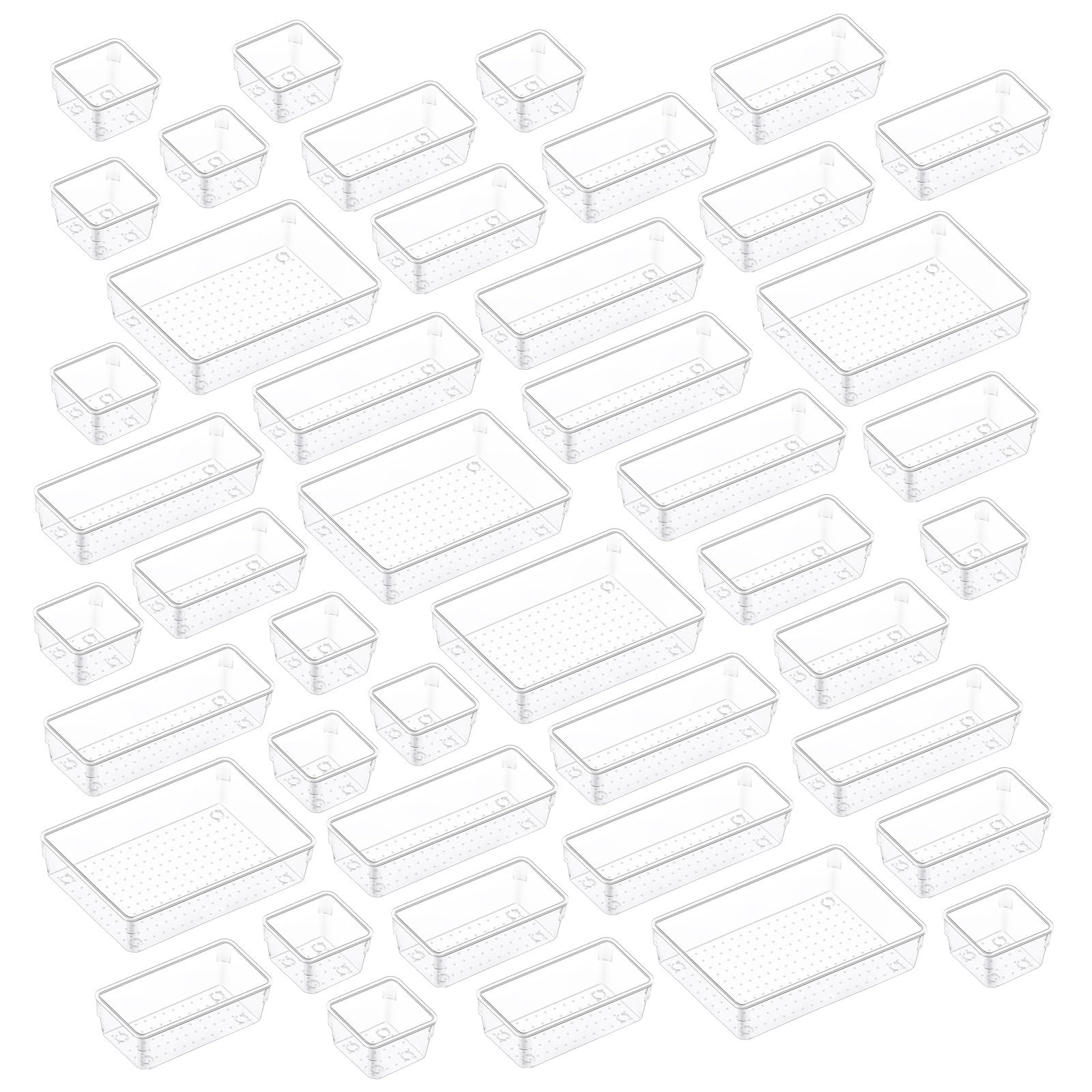 44-Piece Clear Plastic Drawer Organizer Set - 4-Size Stackable Storage Bins for Bathroom Vanity, Makeup, Kitchen Utensils & Office Supplies - Space-Saving Drawer Dividers for Home & Office Organization