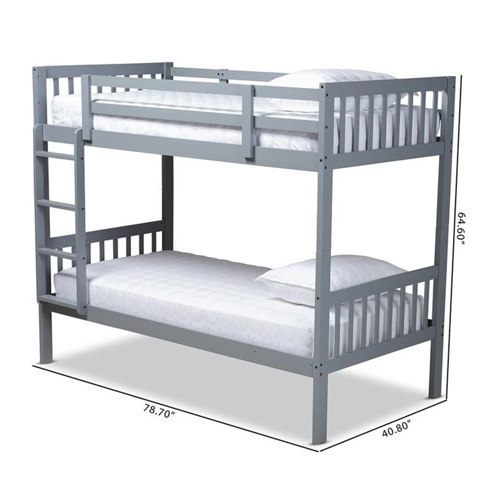 BOWERY HILL Grey Finished Wood Twin Size Bunk Bed - Sturdy & Space-Saving Kids Bunk Bed for Small Rooms, Dorms & Shared Bedrooms