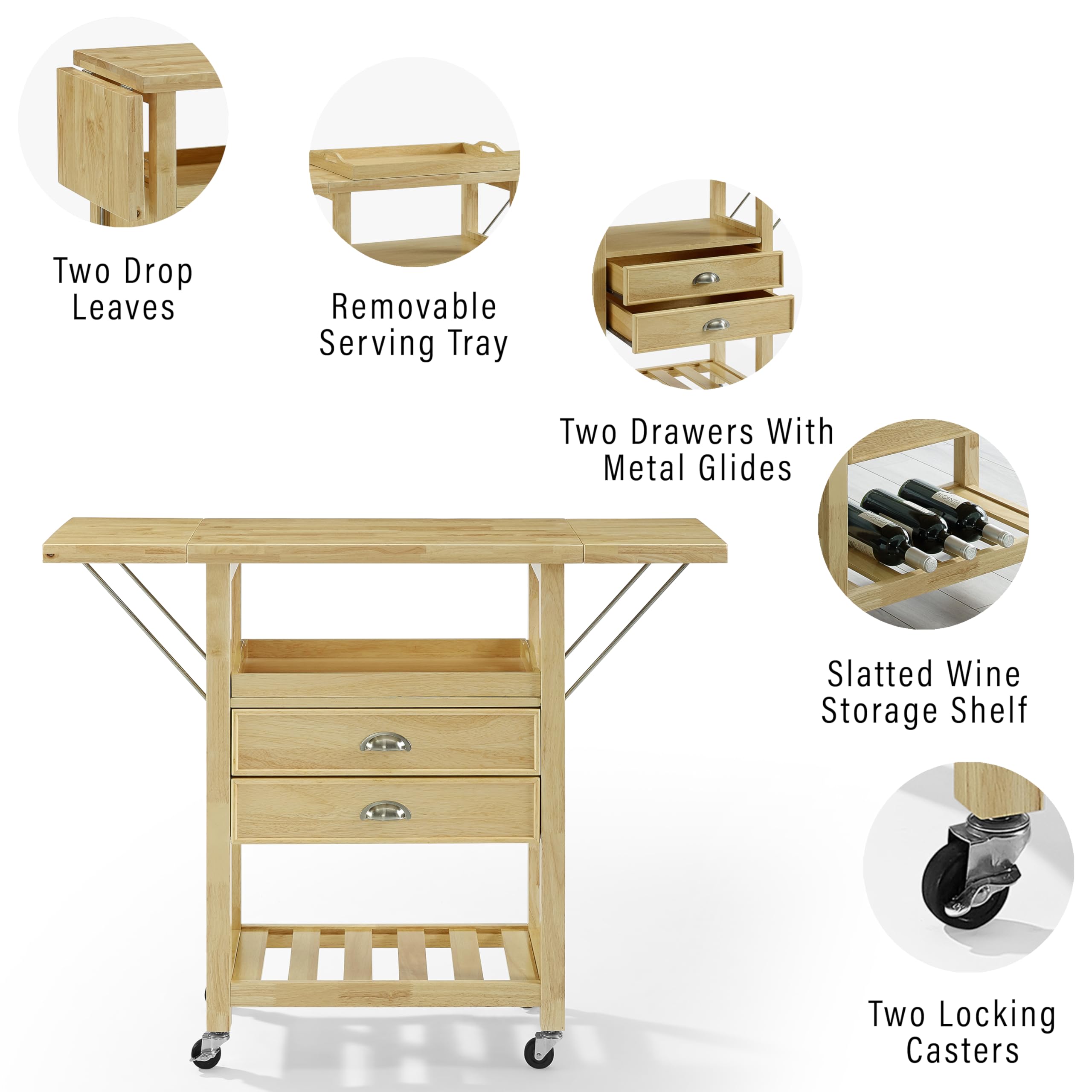 Crosley Bristol Drop Leaf Rolling Kitchen Cart with Serving Tray & Shelves - Microwave Stand, Storage Organizer for Small Spaces, Natural Wood - Perfect for Apartments, Dorms & Compact Kitchens
