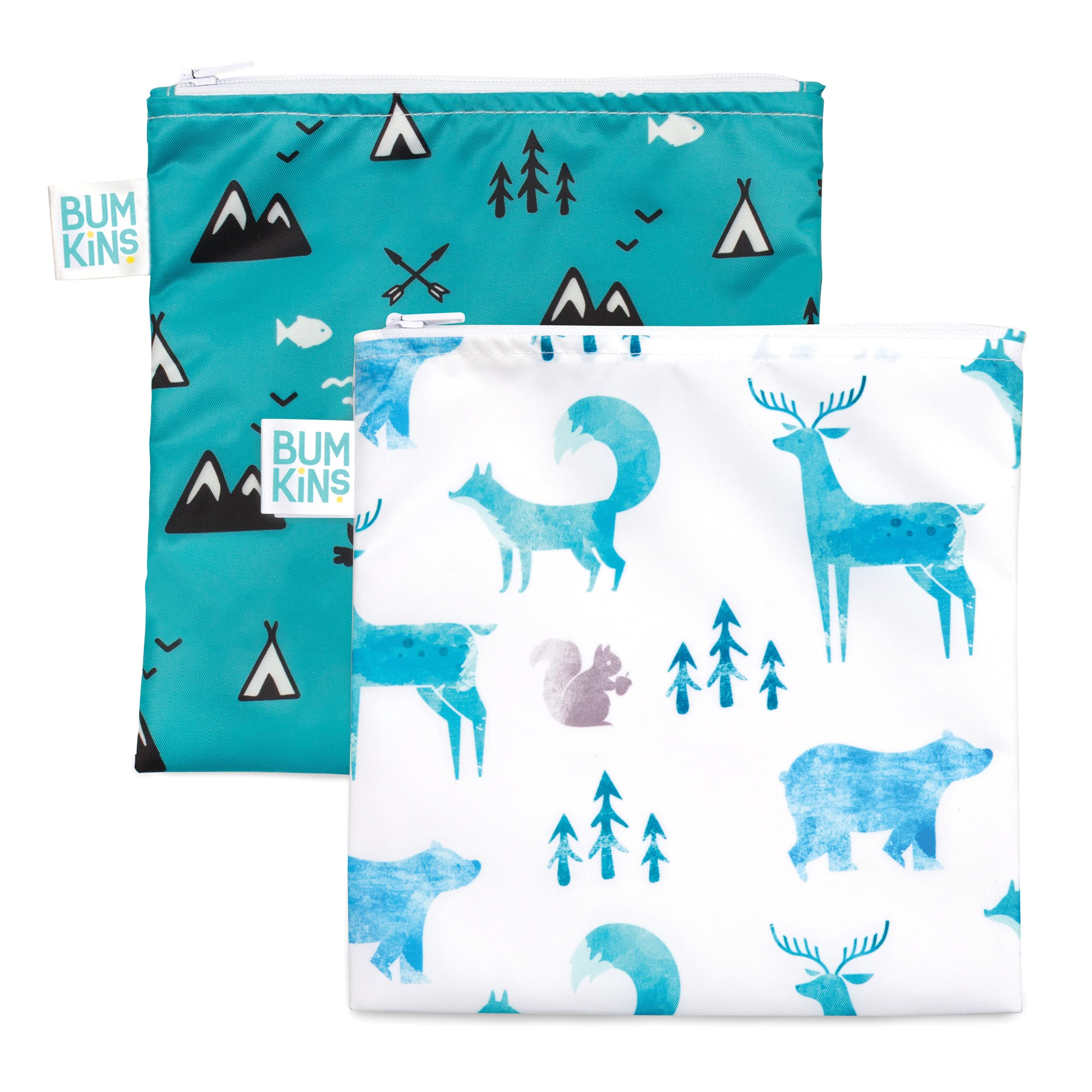 Bumkins Reusable Sandwich Bags & Snack Bags - Washable Fabric Food Storage, BPA Free, Eco-Friendly (7x7 Inches, Wildlife & Outdoor Design, Pack of 2) - Perfect for School Lunches, Picnics, and Travel Snacks
