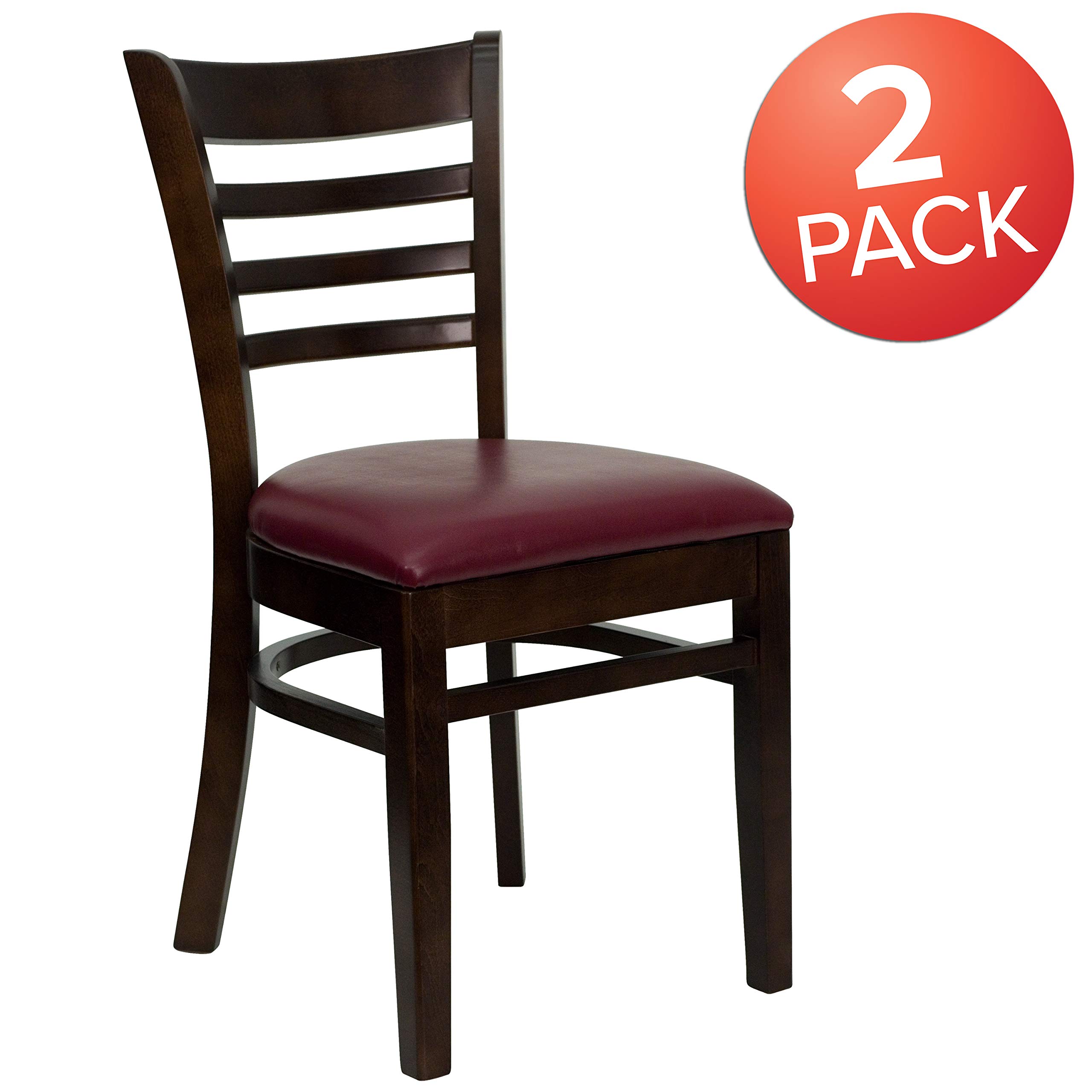 2 Pack Walnut Wood Ladder Back Dining Chairs with Burgundy Vinyl Upholstered Seats - Sturdy Restaurant Chairs for Home Kitchen, Cafe, Bistro & Dining Room