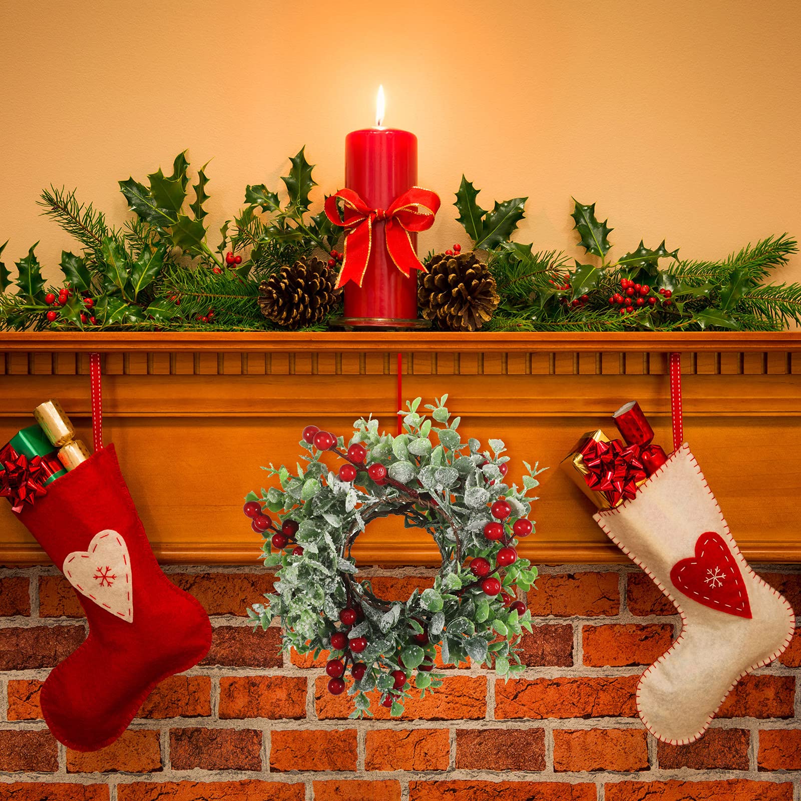 Christmas Candle Rings Wreaths - 8 Pack Holiday Decor for Kitchen Cabinets, Tables, Windows & Walls - Xmas Wreath Centerpieces for Pillar Candles, Chairs & Festive Home Decor
