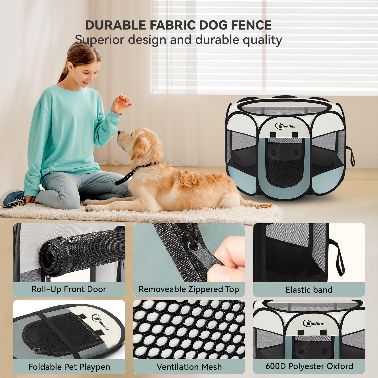 **Portable Pop Up Dog Playpen for Small Dogs & Cats - Indoor & Outdoor Pet Tent with Removable Zipper Top & Carrying Case - Ideal for Travel, Camping, Home Use (Grey)**