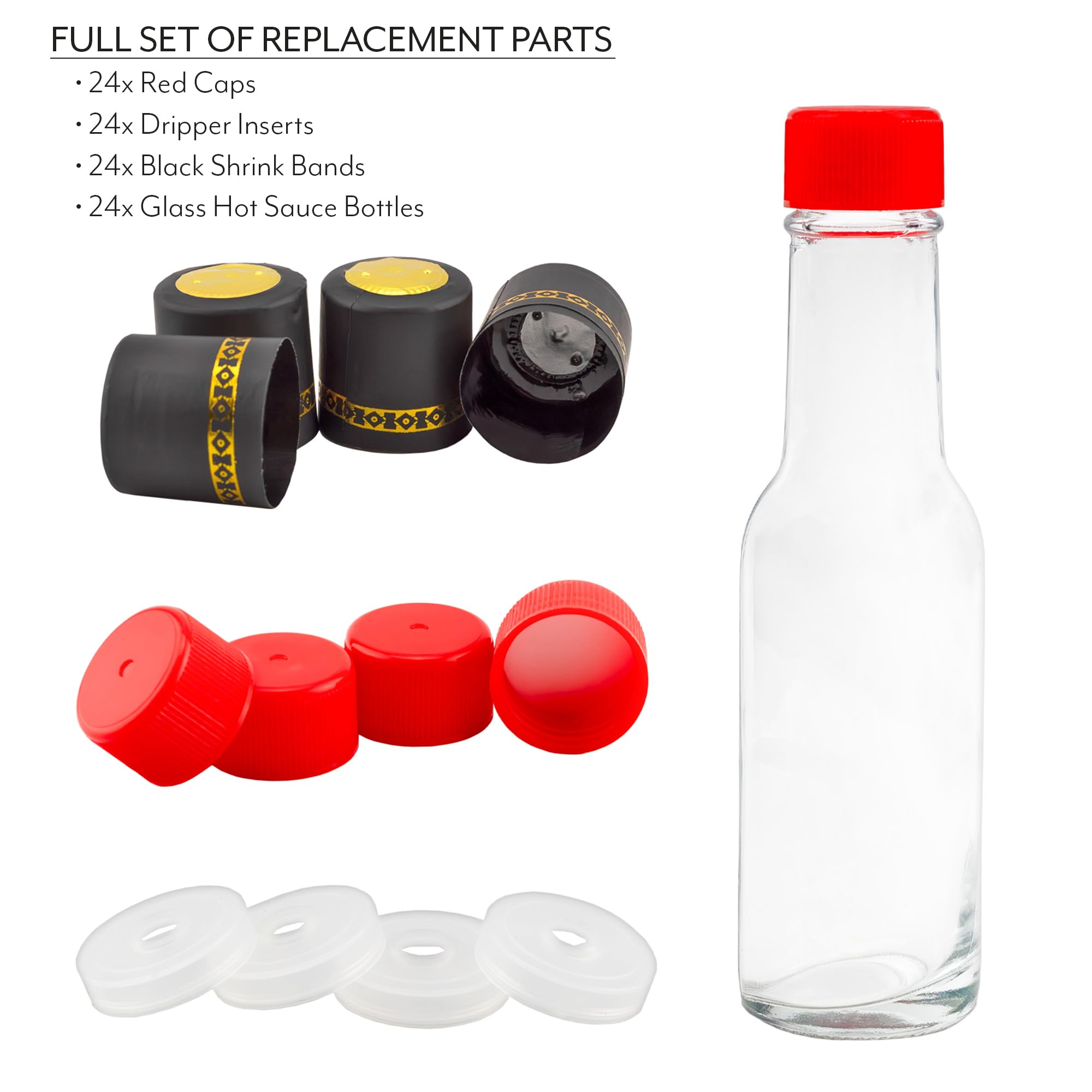 Cornucopia 3oz Mini Hot Sauce Bottles (24-Pack) - Small Sauce Containers with Red Caps, Dripper Inserts & Black Shrink Bands - Perfect for Restaurants, Catering, Parties & Home Use