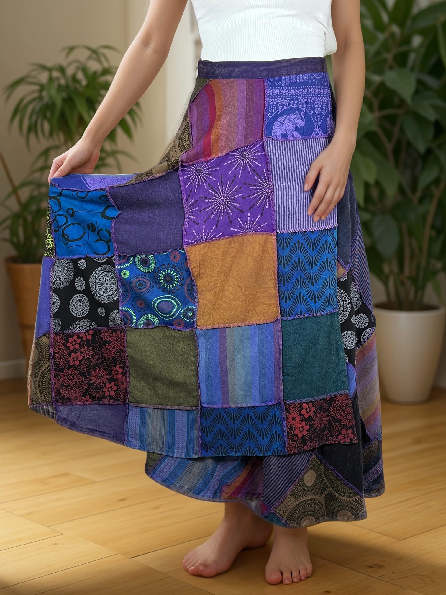 **Agan Traders Women's 2025 Spring & Fall Boho Maxi Skirt – High Waisted Long Skirt with Patchwork & Tie-Up Design – Perfect for Beach, Festival, and Casual Wear**