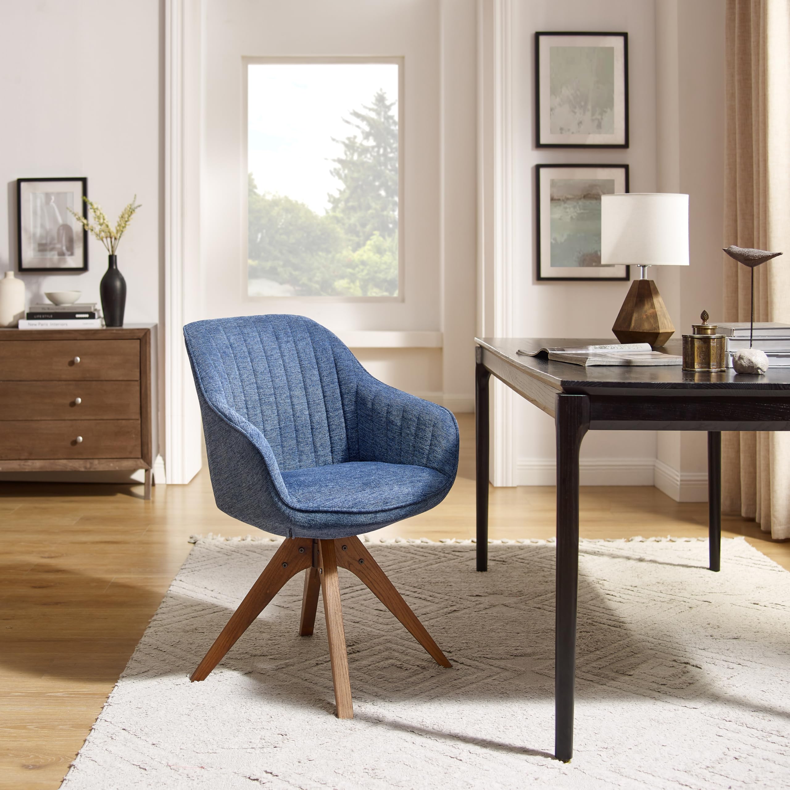Art Leon Mid Century Modern Office Chair - No Wheels Swivel Accent Chair with Oak Wood Legs & Fabric Upholstery, Blue - Perfect for Home Office, Study Room & Reading Nook