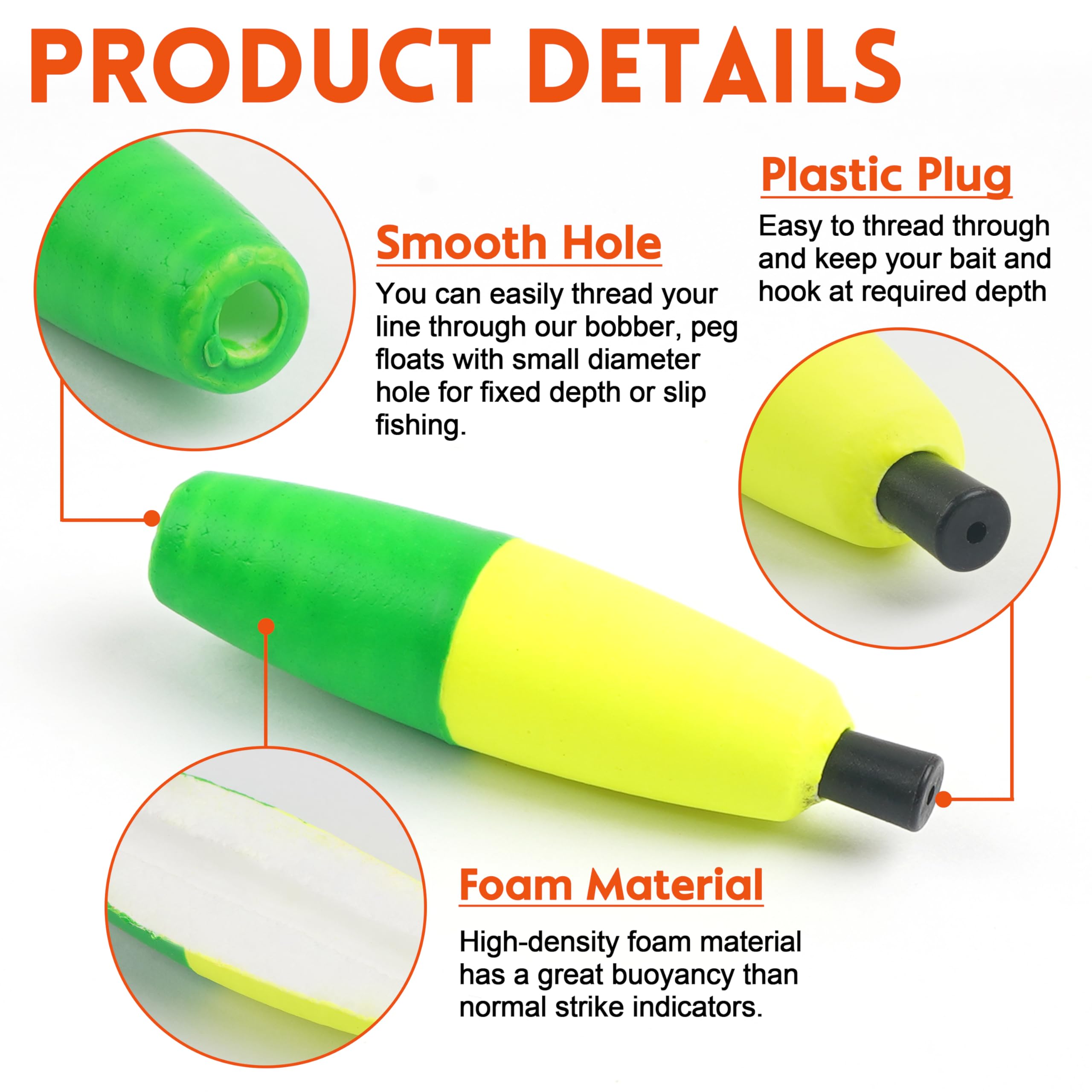AGOOL Peg Floats Fishing Bobbers - Foam Cigar Slip Bobbers for Catfish Rig, Santee Rig - Freshwater & Saltwater Fishing Gear with Pipe Plug - Perfect for Bass, Trout, and Panfish Angling