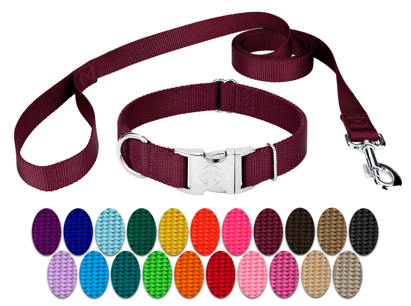 Country Brook Petz Premium Nylon Dog Collar and Leash Set - Adjustable for Small, Medium & Large Dogs, 3/4 Inch Width, Burgundy (30+ Vibrant Colors) - Perfect for Walking, Training & Outdoor Adventures