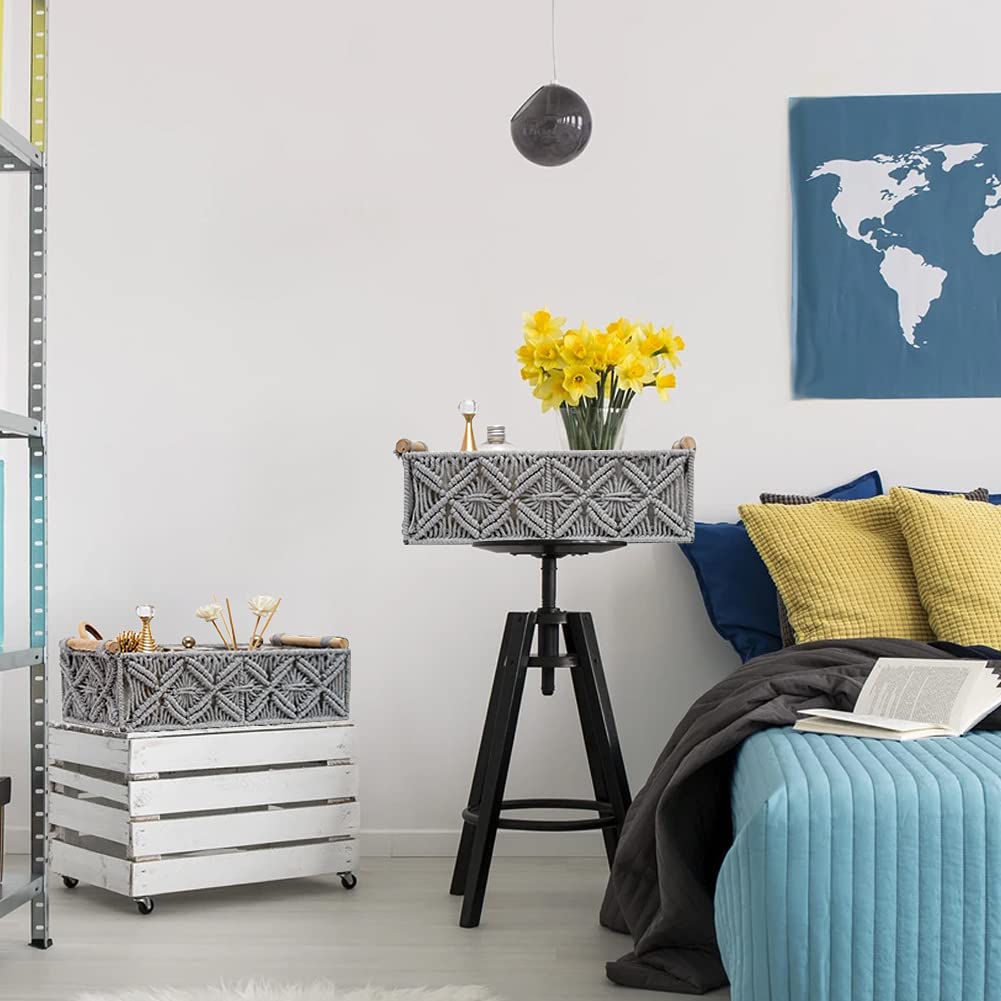 Macrame Storage Basket Set of 2 - Boho Woven Decorative Baskets for Home Organization, Bathroom Countertop, Toilet Paper Holder, Nursery & Living Room Decor - Grey (Perfect for Bedroom, Entryway & Boho Chic Home Decor)