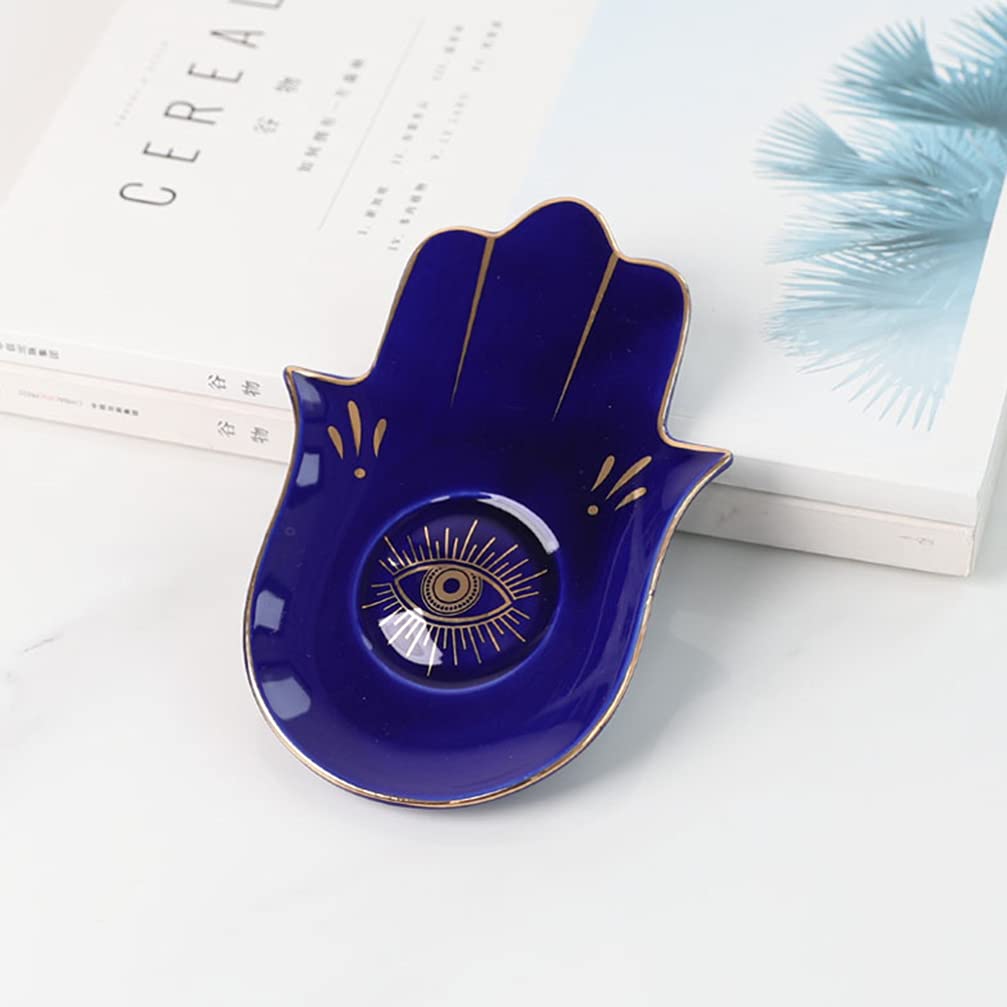 HEALLILY Ceramic Jewelry Dish - Buddha Hand Ring Holder & Evil Eye Tray for Earrings, Bracelets, Necklaces - Blue Jewelry Organizer & Key Bowl for Bedroom, Bathroom, Dresser Display
