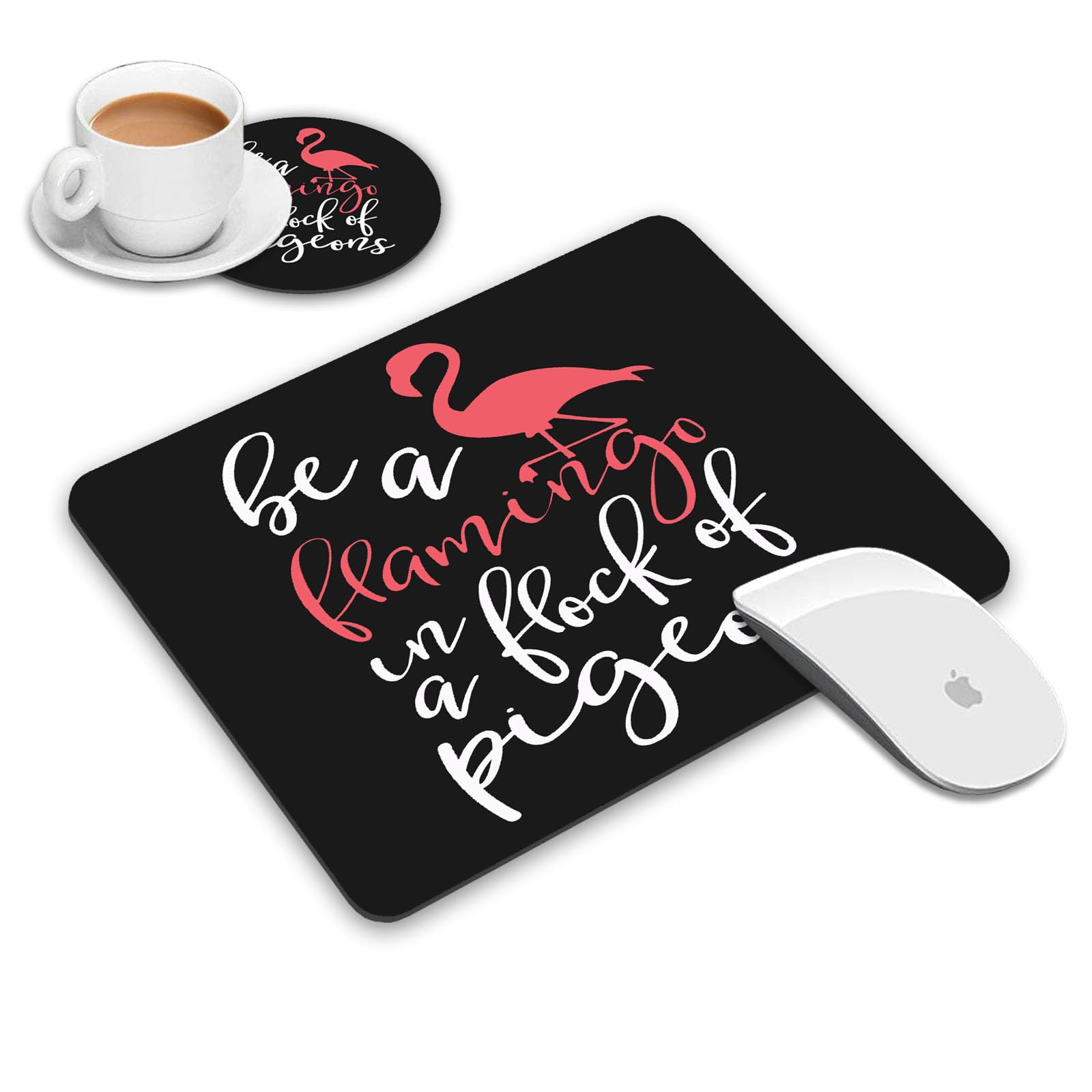 Flamingo in a Flock of Pigeons Inspirational Mouse Pad & Coasters Set - Non-Slip Rubber Base, Rectangle Desk Pad for Laptop & Computer Office Accessories - Perfect for Home Office, Gaming & Workspace Decor