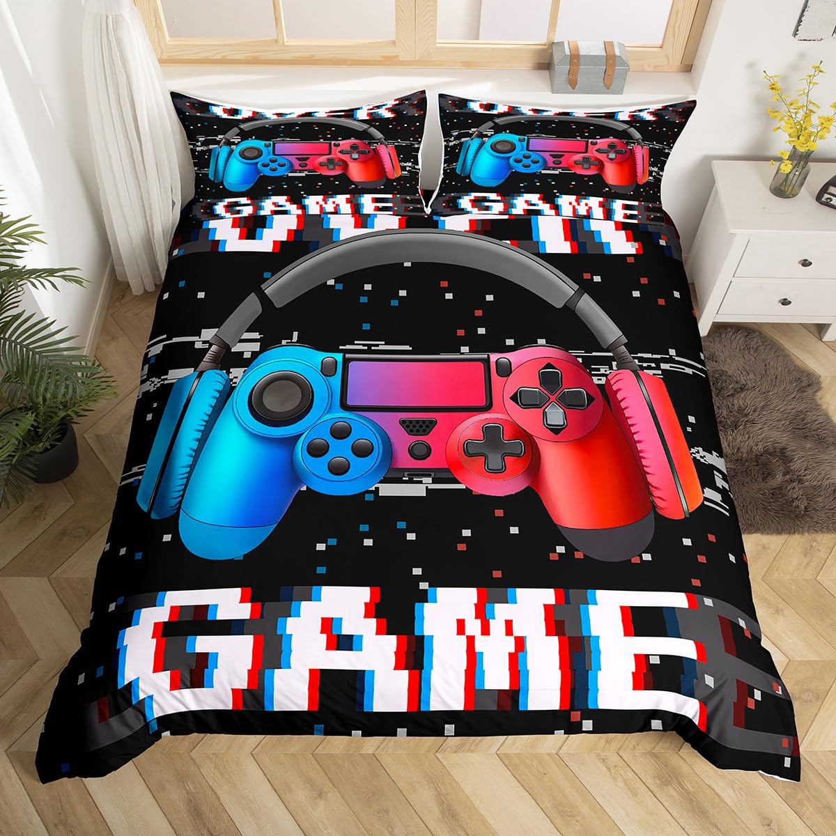 3D Gaming Bedding Set for Teens - Video Game Themed Duvet Cover with Headset & Controller Design, Boys Music Comforter/Quilt Set, King Size Red Blue - Perfect for Gamer Bedroom Decor & Sleepovers