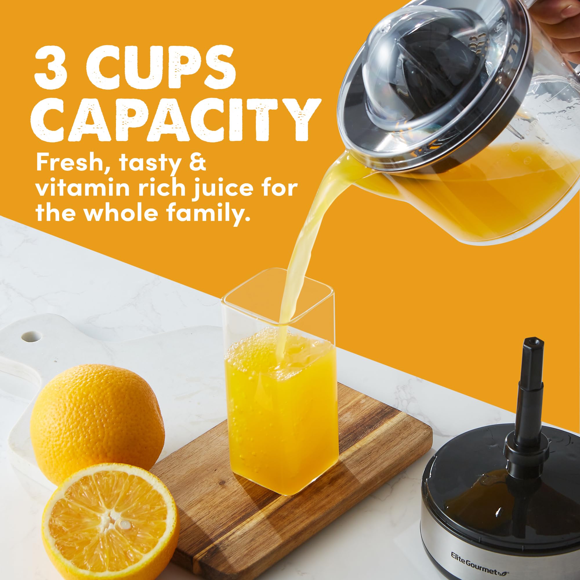 BPA-Free Electric Citrus Juicer - Elite Gourmet ETS623 Compact Juicer for Oranges, Lemons, Limes & Grapefruits with Pulp Control & Easy Pour Spout, 24oz Capacity, Black/Stainless Steel - Perfect for Breakfast, Fresh Juice Bars & Healthy Home Cooking