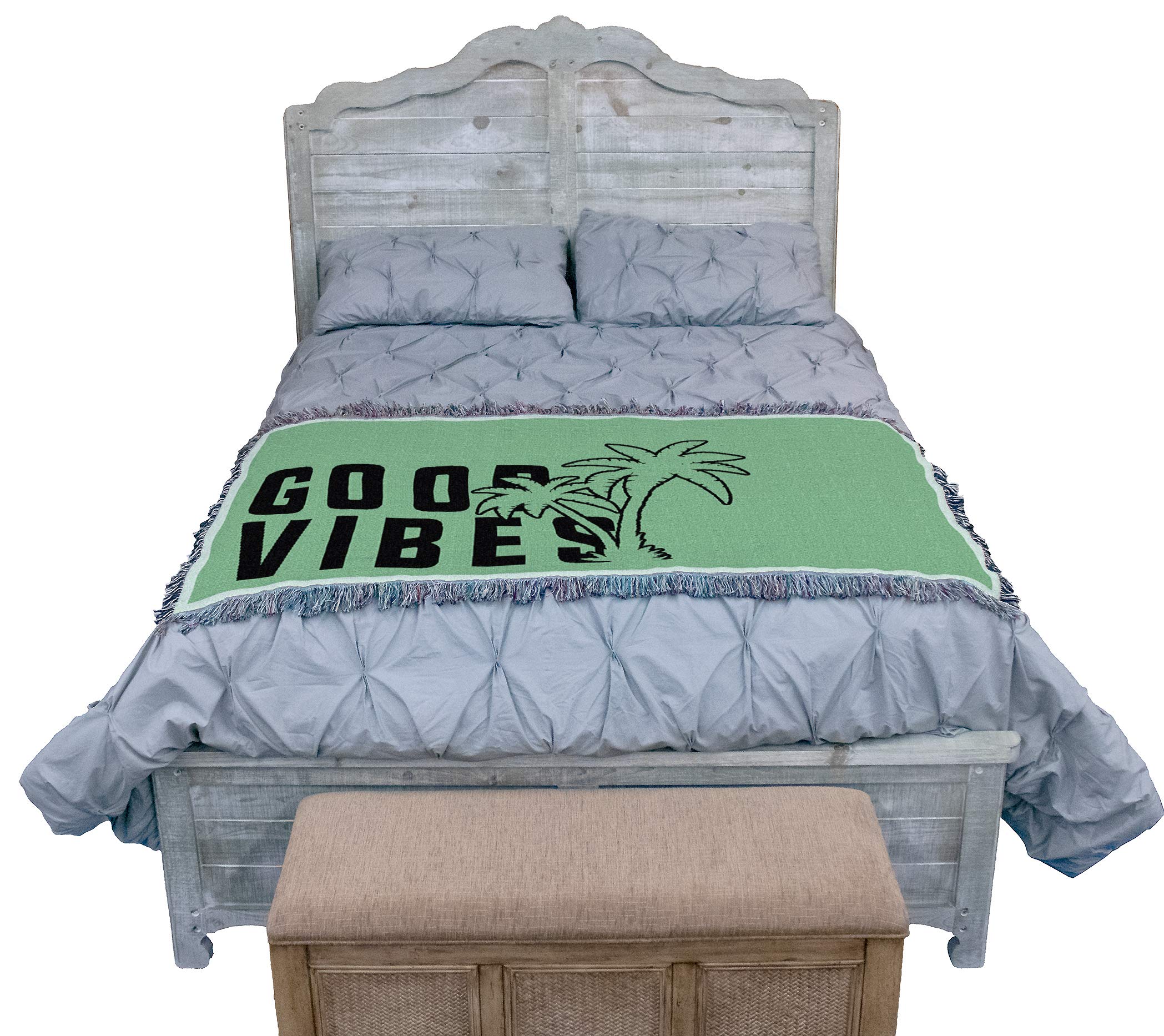Pure Country Weavers Good Vibes Cotton Woven Throw Blanket in Mint Green - 61x36 Inch Soft Sofa Couch Cover - Handmade in USA - Perfect for Living Room Decor, Cozy Nights & Gift Giving
