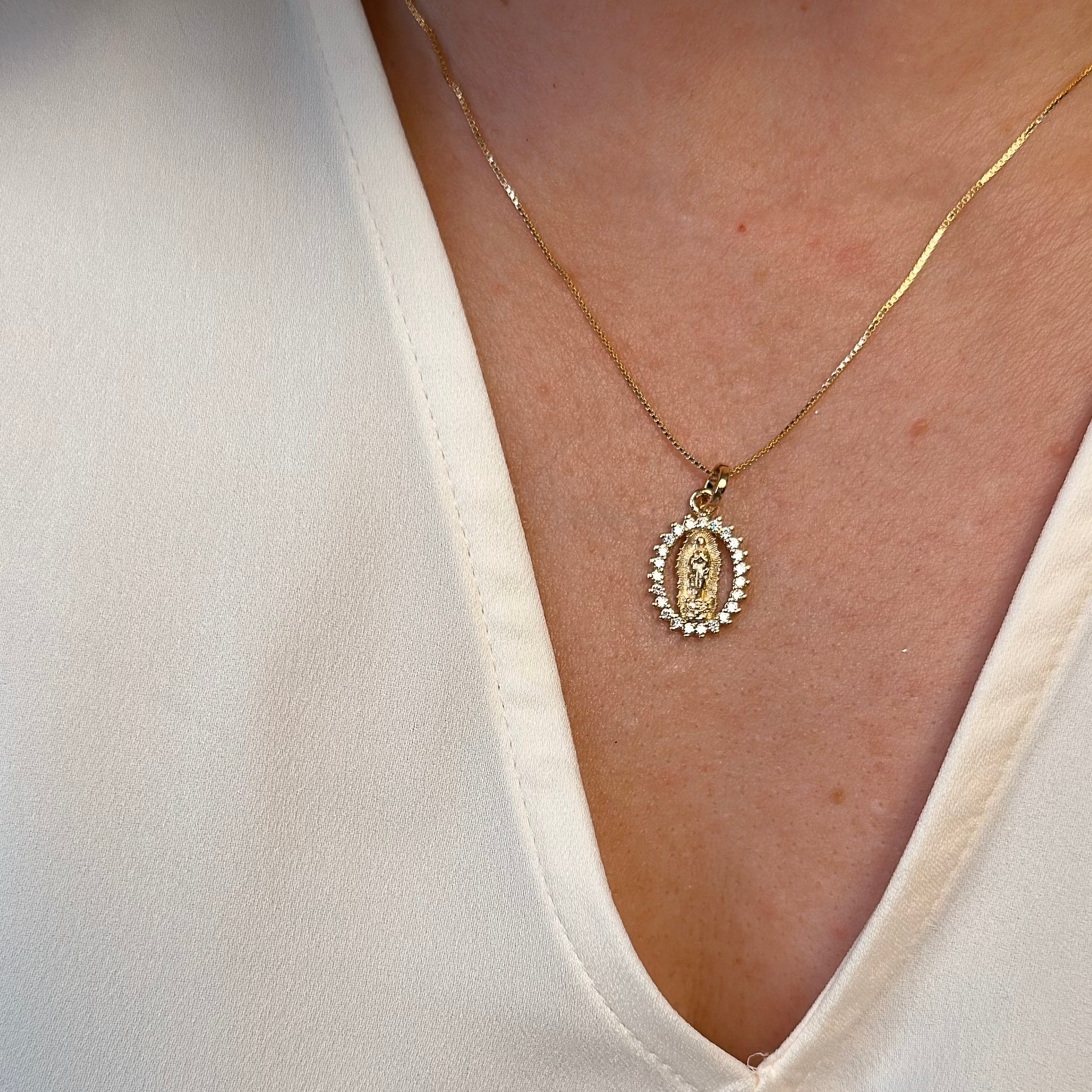 18K Gold Filled Mini CZ Lady of Guadalupe Pendant Necklace - Religious Jewelry for Women, Perfect for Baptism, First Communion & Everyday Wear