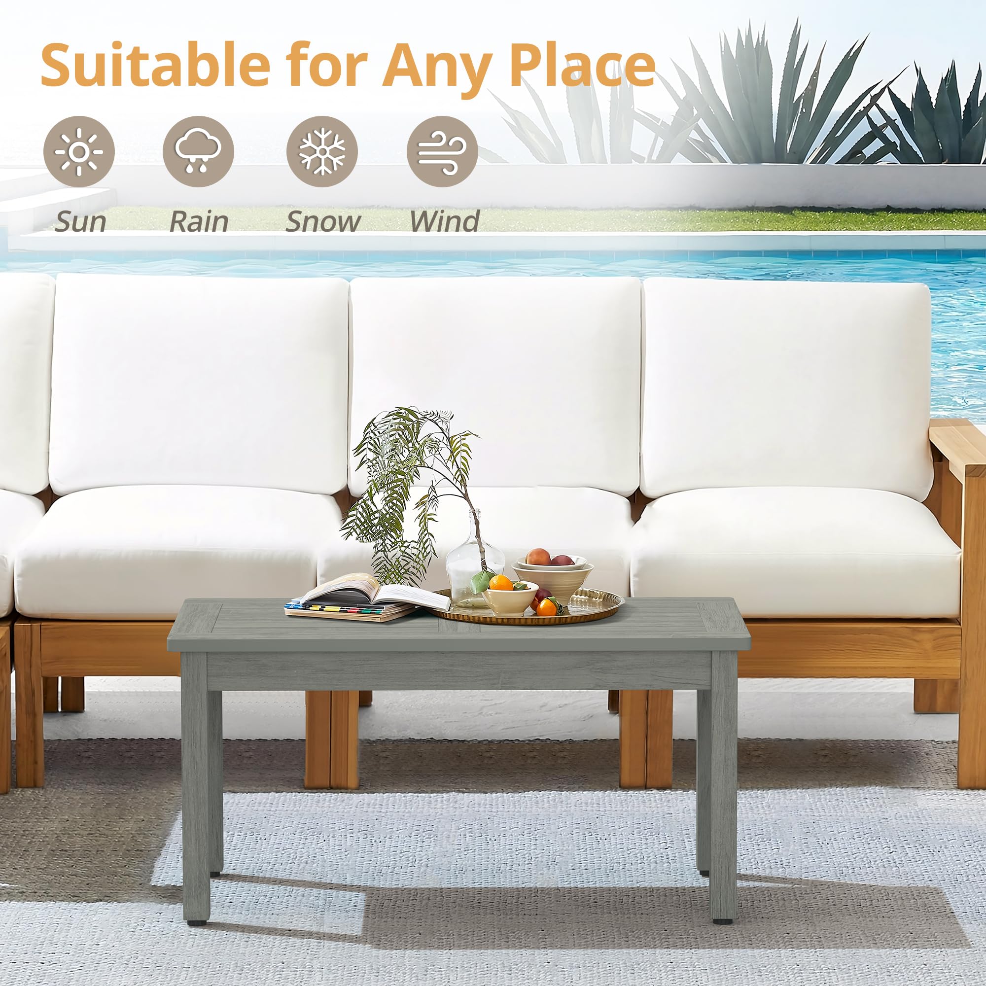 LUE BONA Outdoor Coffee Table Rectangle - All-Weather HDPS Patio Coffee Table with Slatted Tabletop for Deck, Garden, Balcony - Indoor/Outdoor Use - Light Gray | Perfect for Backyard Relaxation, Poolside Lounging & Outdoor Entertaining