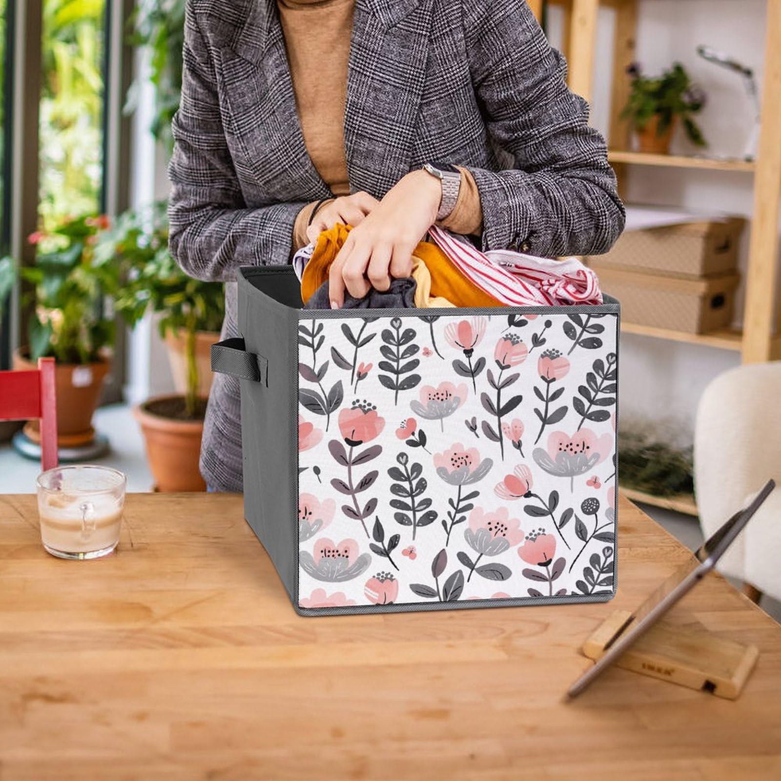 6-Pack Collapsible Storage Bins with Handles - Peach Blossom Printed Foldable Organizer Boxes for Home, Closet, Pantry & Shelf Organization - Space Saving Storage Baskets for Household, Office & Kids Room