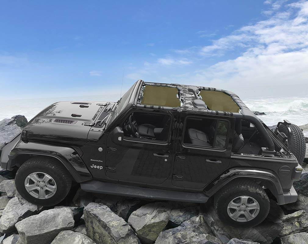 Shadeidea Jeep Wrangler JL (2018-2023) 4-Door Sun Shade Top - Front & Rear Mesh Screen Cover with UV Protection | Tank Green JLU Sunshade | Includes Grab Bag Pouch & 10-Year Warranty | Perfect for Off-Roading, Beach Trips & Summer Driving