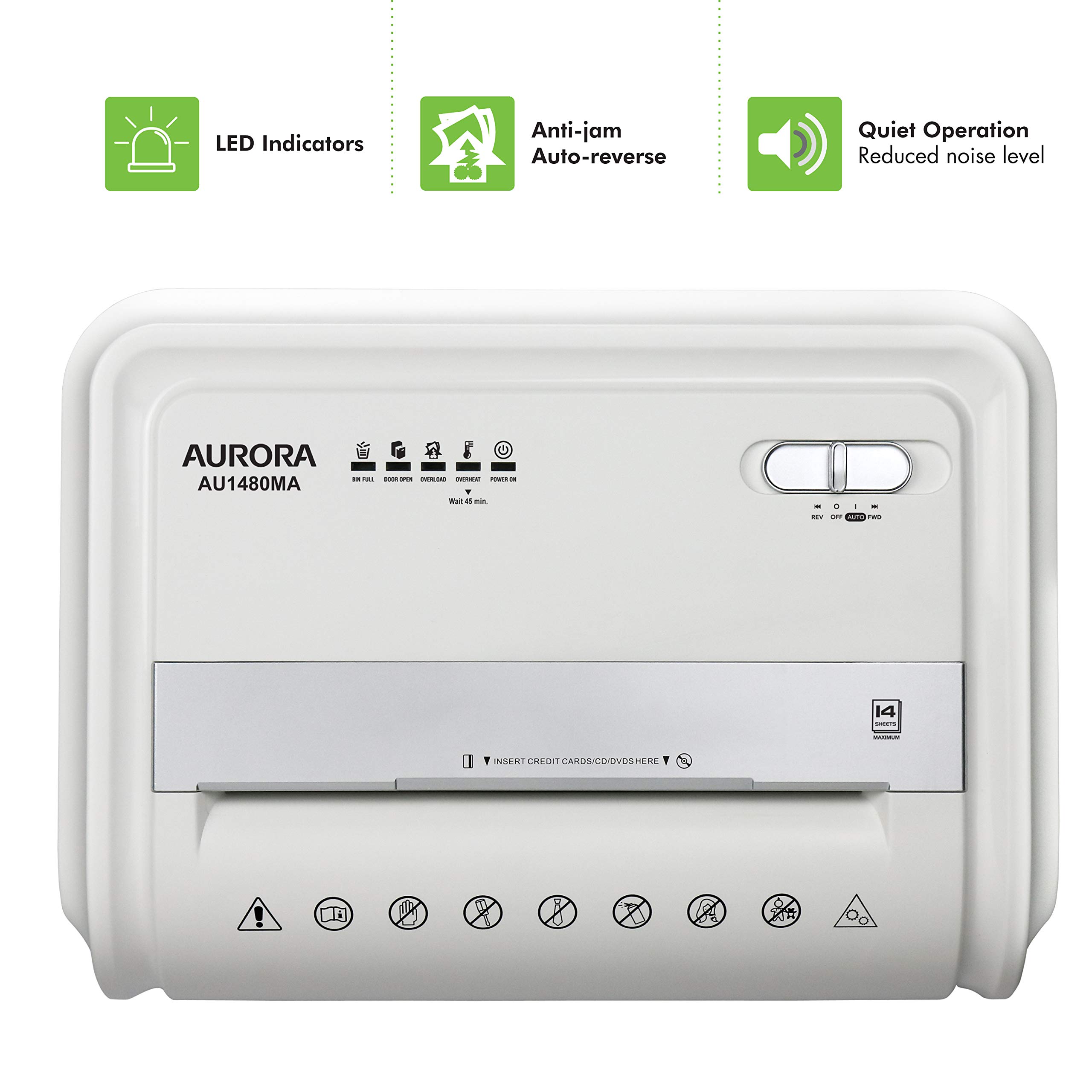 Aurora AU1480MA 14-Sheet Micro-Cut Paper Shredder with CD & Credit Card Slot - 30 Min Continuous Run, White/Gray - Perfect for Home Office & Small Business Document Security