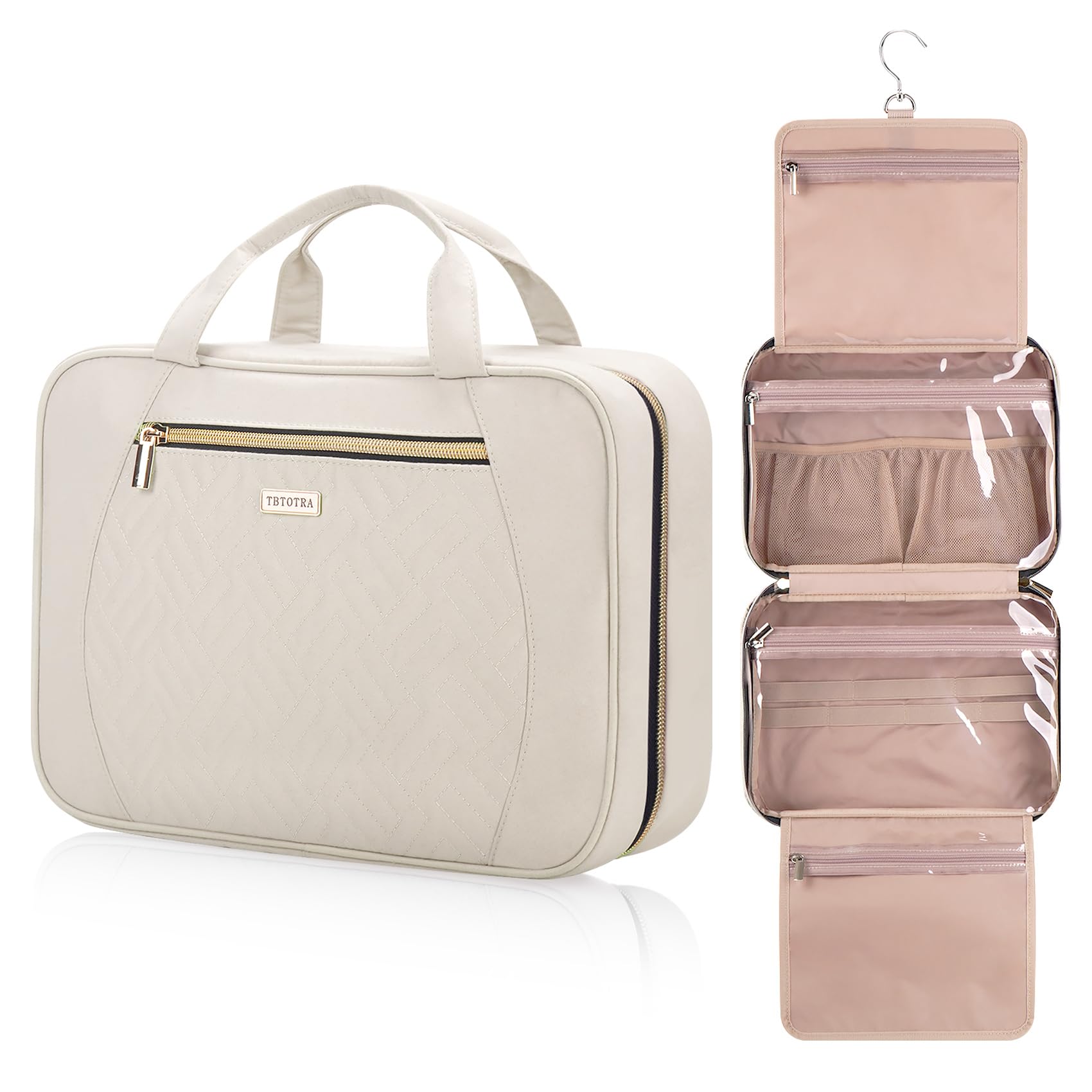Hanging Travel Toiletry Bag for Full-Size Toiletries & Cosmetics - Medium Beige Organizer with Hook for Brushes, Makeup & Essentials | Perfect for Air Travel, Camping & Gym