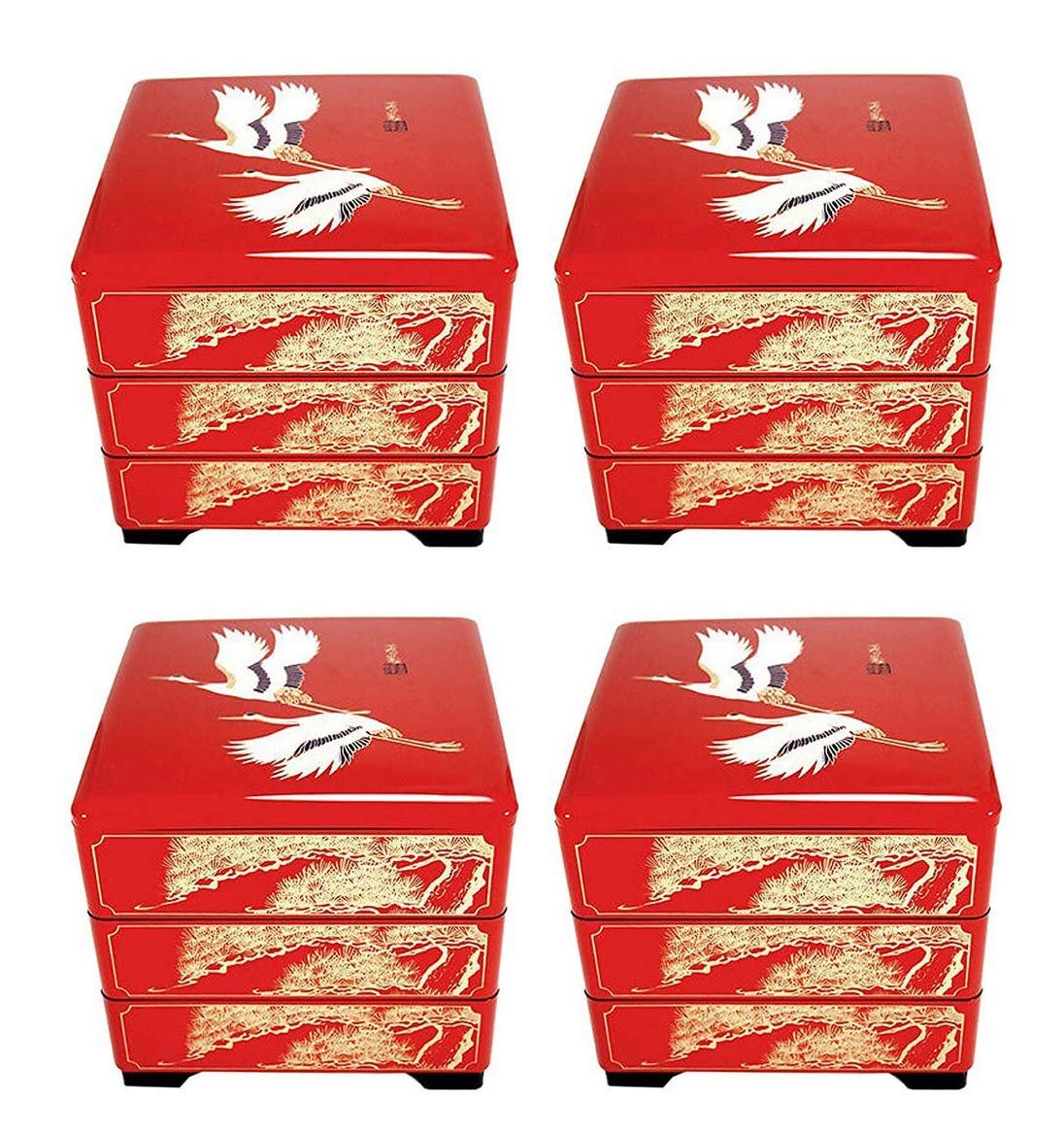 Japanese Traditional 3-Tier Jubako Bento Box Set - 4-Pack Stackable Lacquered Plastic Food Containers for Sushi, Candy & Snacks | Red Crane Design | Made in Japan | Perfect for Parties, Picnics & Gift Giving