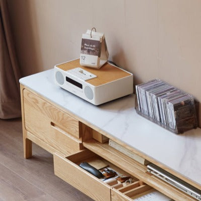 Solid Oak Wood TV Stand with Slate Top - Modern Entertainment Center for Living Room, Bedroom & Home Theater