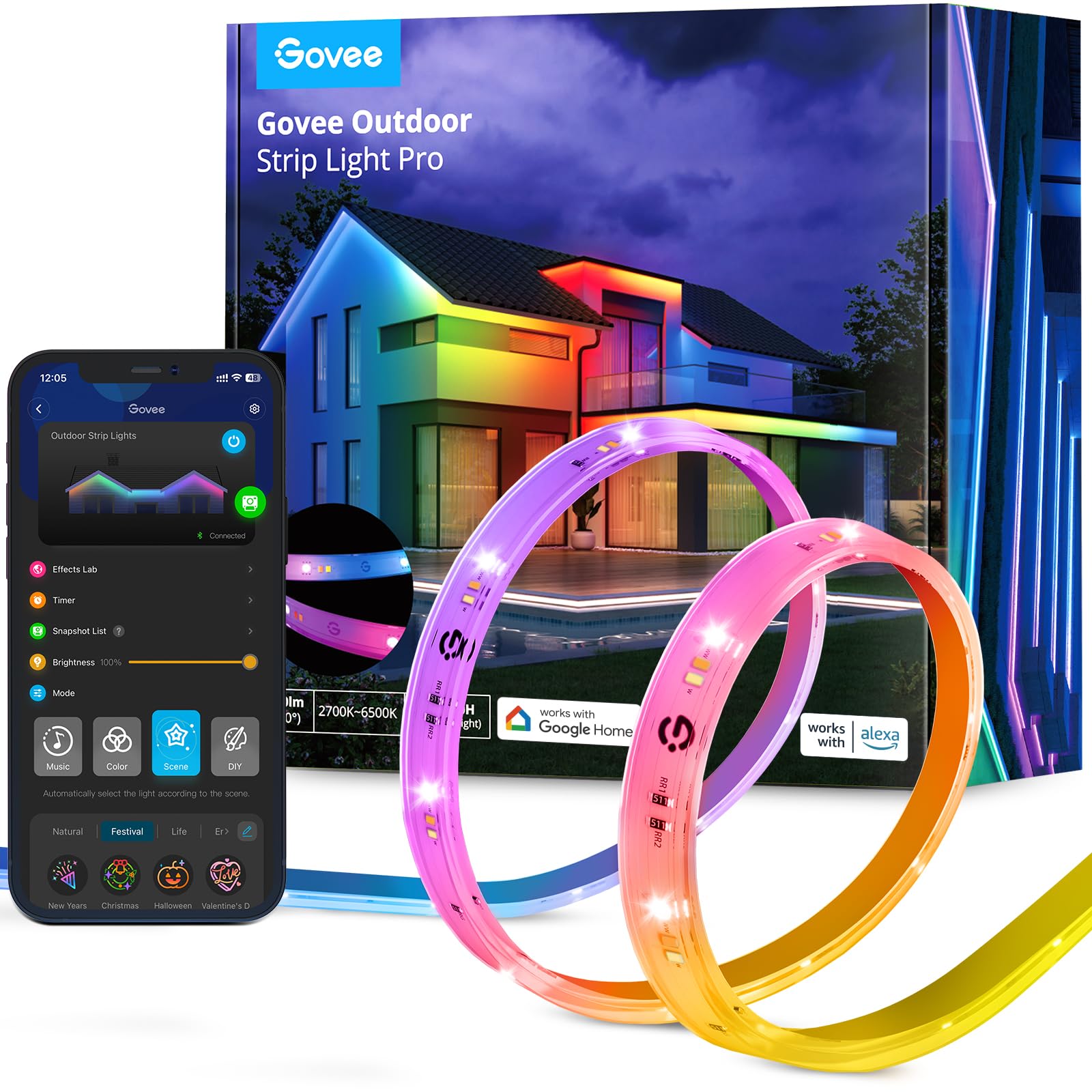 Govee 32.8ft Smart Outdoor LED Strip Lights RGBIC with Warm/Cool White - IP65 Waterproof WiFi Lights Compatible with Alexa & Google Assistant - Perfect for Porch Lighting, Patio Decor, Eave Accent & Party Lighting
