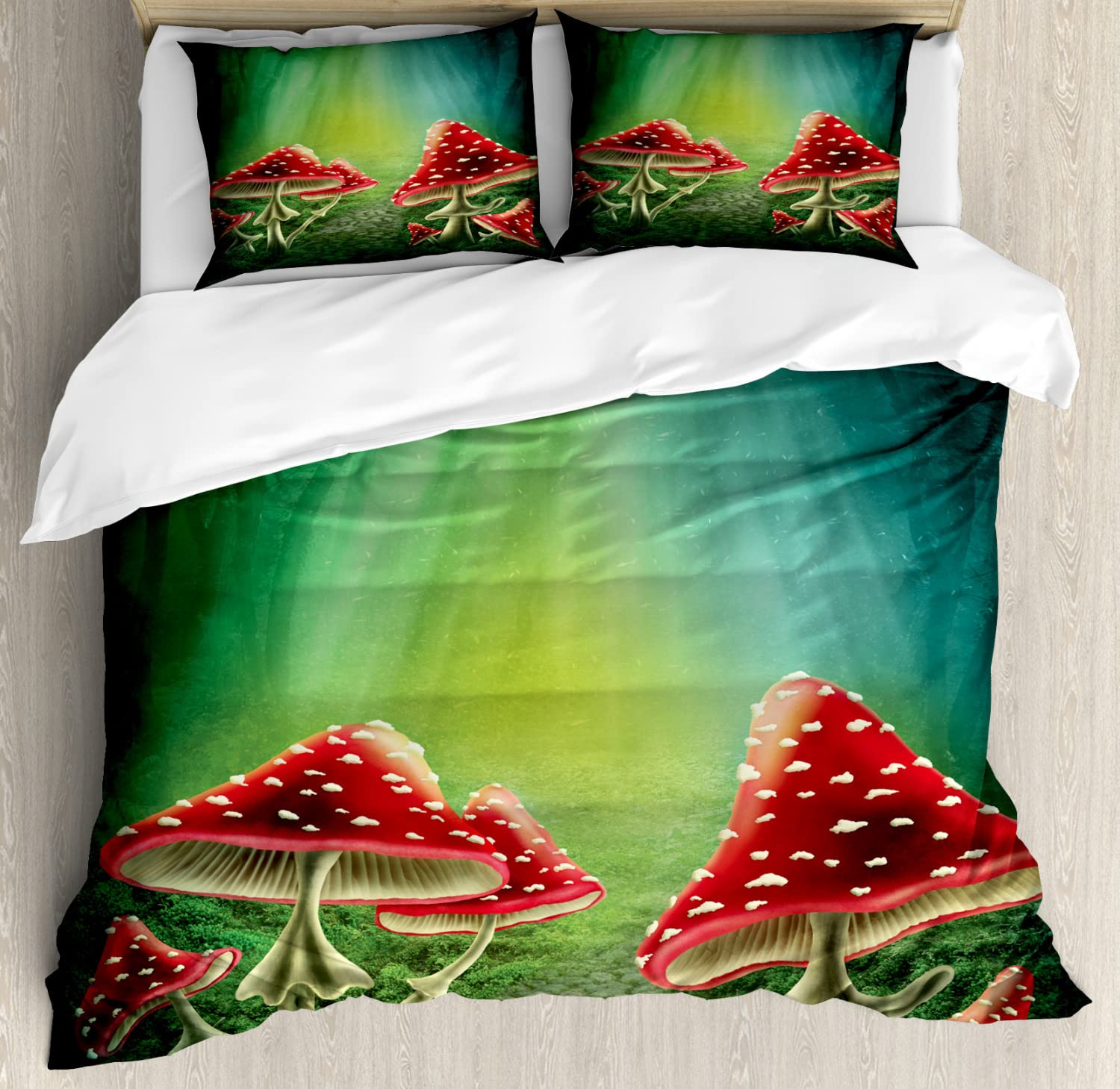 Ambesonne Mushroom Duvet Cover Set - Dark Forest Adventure with Mystical Wizard Witch Magic Theme | 2-Pack California King Size Bedding (Sea Green, Red, Cream) | Includes 2 Duvet Covers & 4 Pillowcases | Perfect for Fantasy Themed Bedrooms, Cozy Cabin Retreats & Whimsical Home Decor