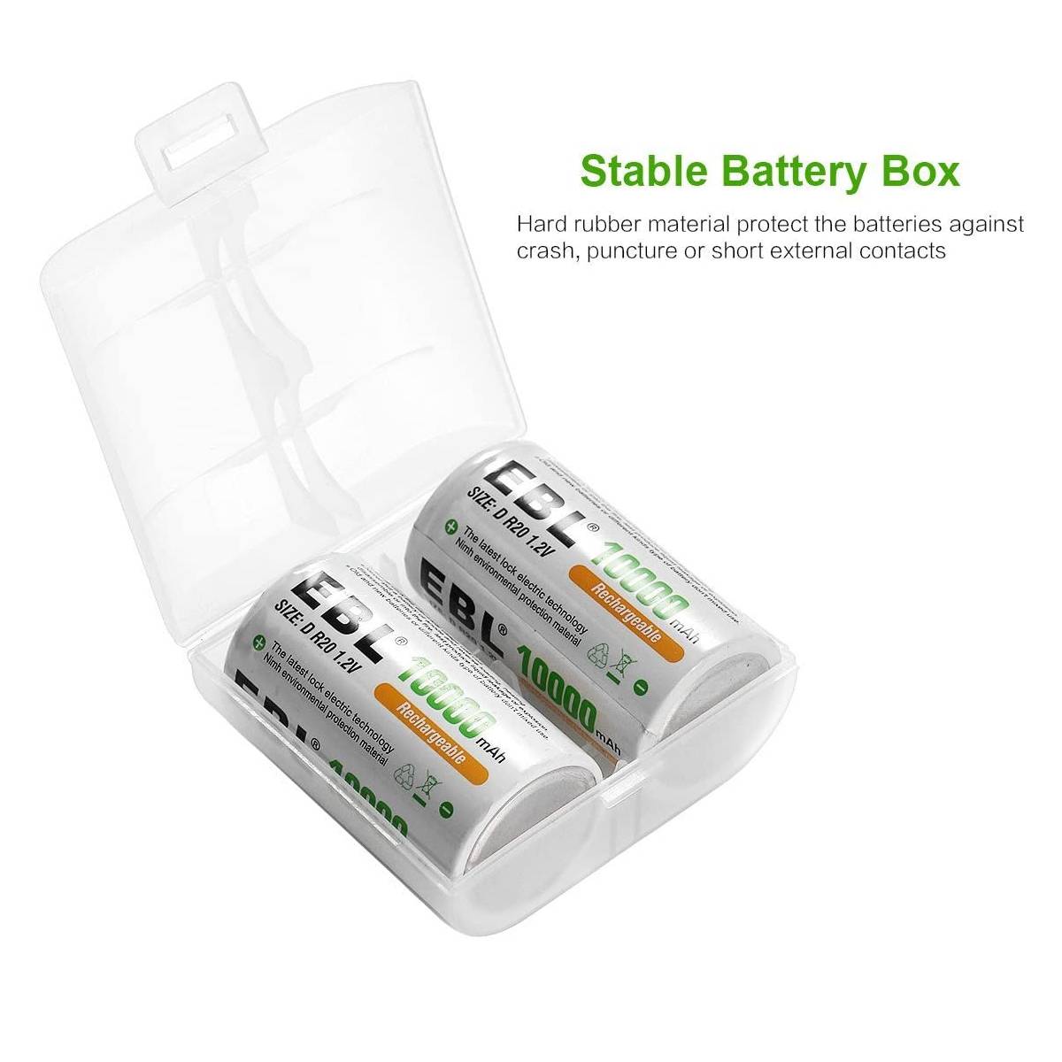 EBL D Size Rechargeable Batteries 10000mAh High Capacity - Long Lasting Power for Flashlights, Toys, Radios & Emergency Devices