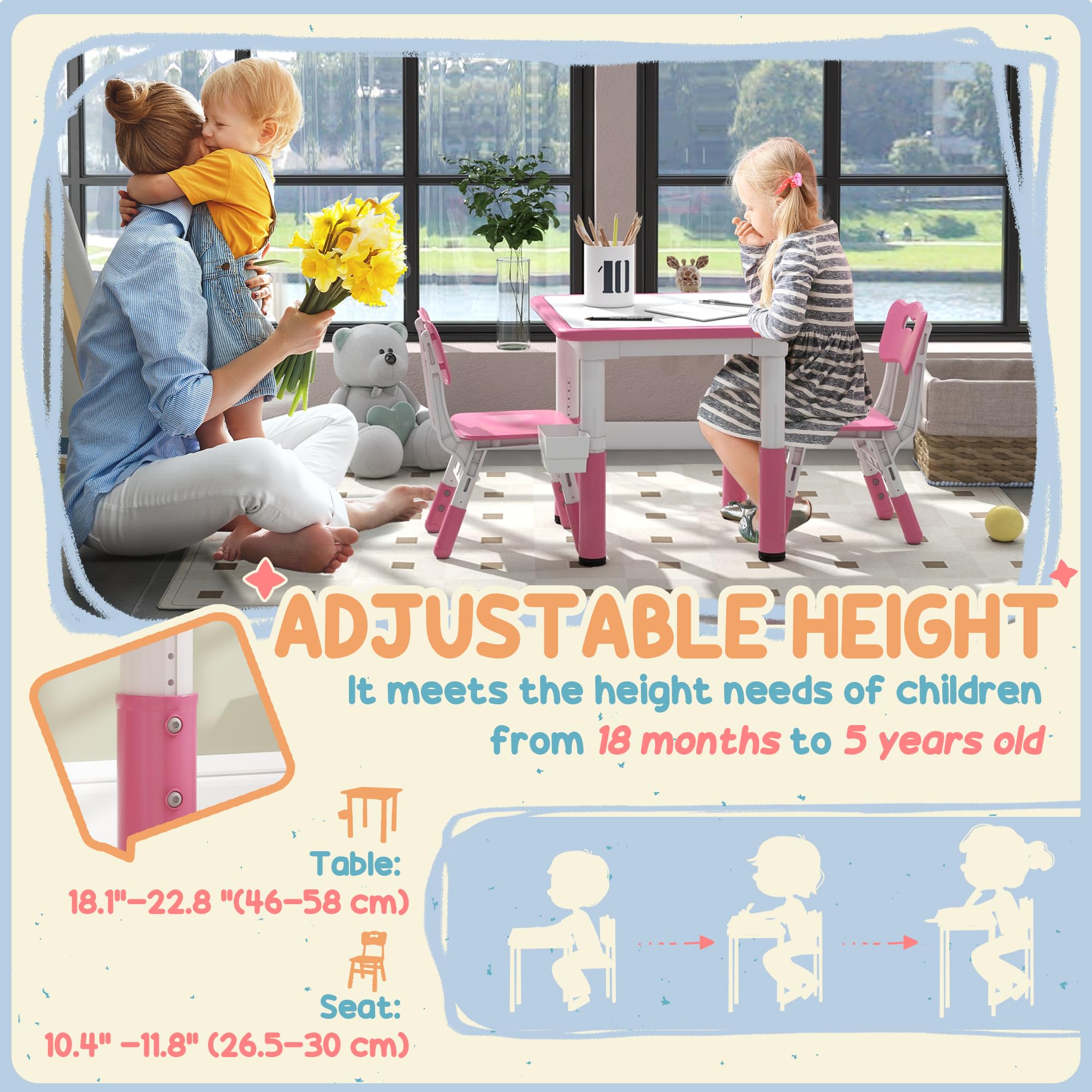 Qaba 3-Piece Kids Table and Chair Set - Adjustable Height Toddler Activity Table with Storage - Perfect for Playroom, Nursery, Classroom (Pink) | Ideal for Arts & Crafts, Snack Time, and Learning Activities