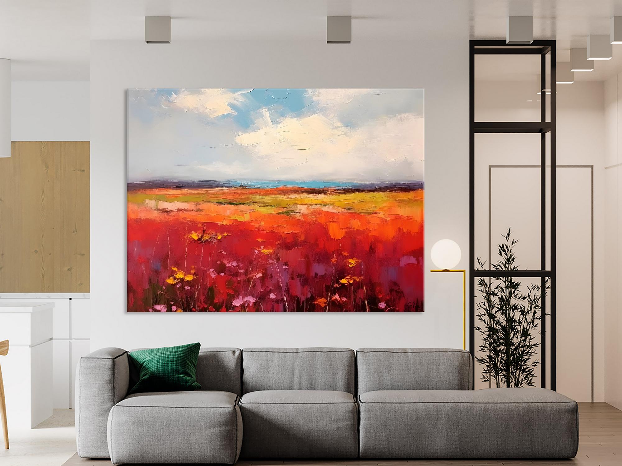 Extra Large Wall Art Painting - Landscape Canvas Art for Living Room, Flower Field Acrylic Painting, Original Landscape Artwork - Perfect for Home Decor, Office & Bedroom Wall Decorations
