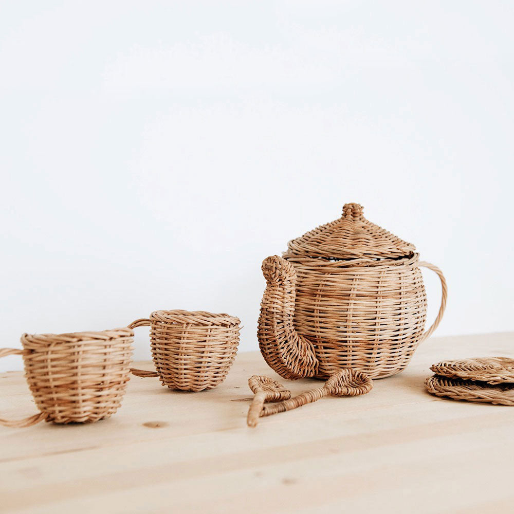Premium Rattan Tea Set - Handwoven Natural Wicker Tea Tray with Teapot & Cups - Perfect for Afternoon Tea, Garden Parties & Zen Decor