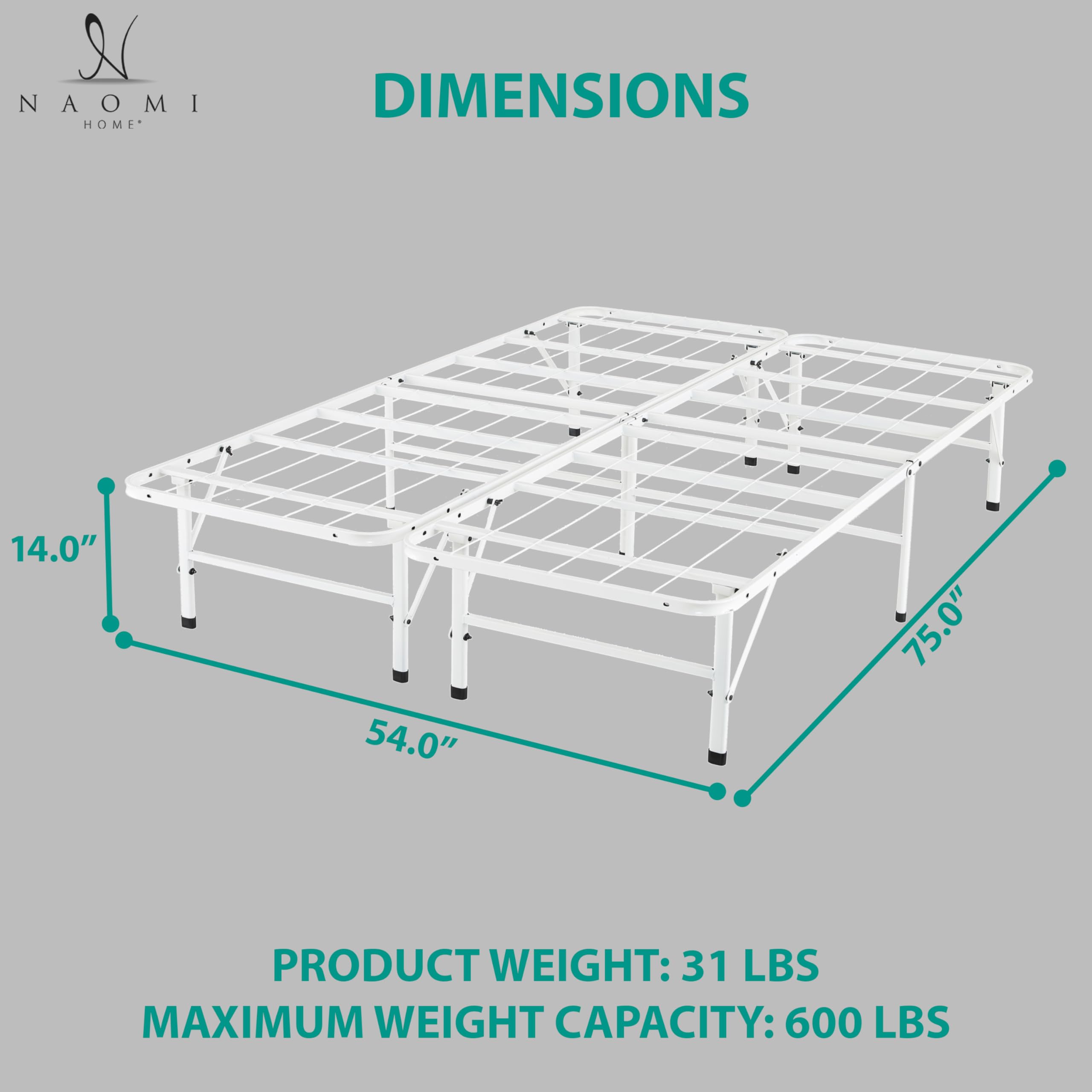 Naomi Home Full Size Bed Frame - Heavy Duty Foldable Platform Bed with Steel Slats, 600lbs Capacity - Mattress Foundation & Box Spring Replacement - White | Ideal for Guest Rooms, Small Spaces & Temporary Sleeping Arrangements