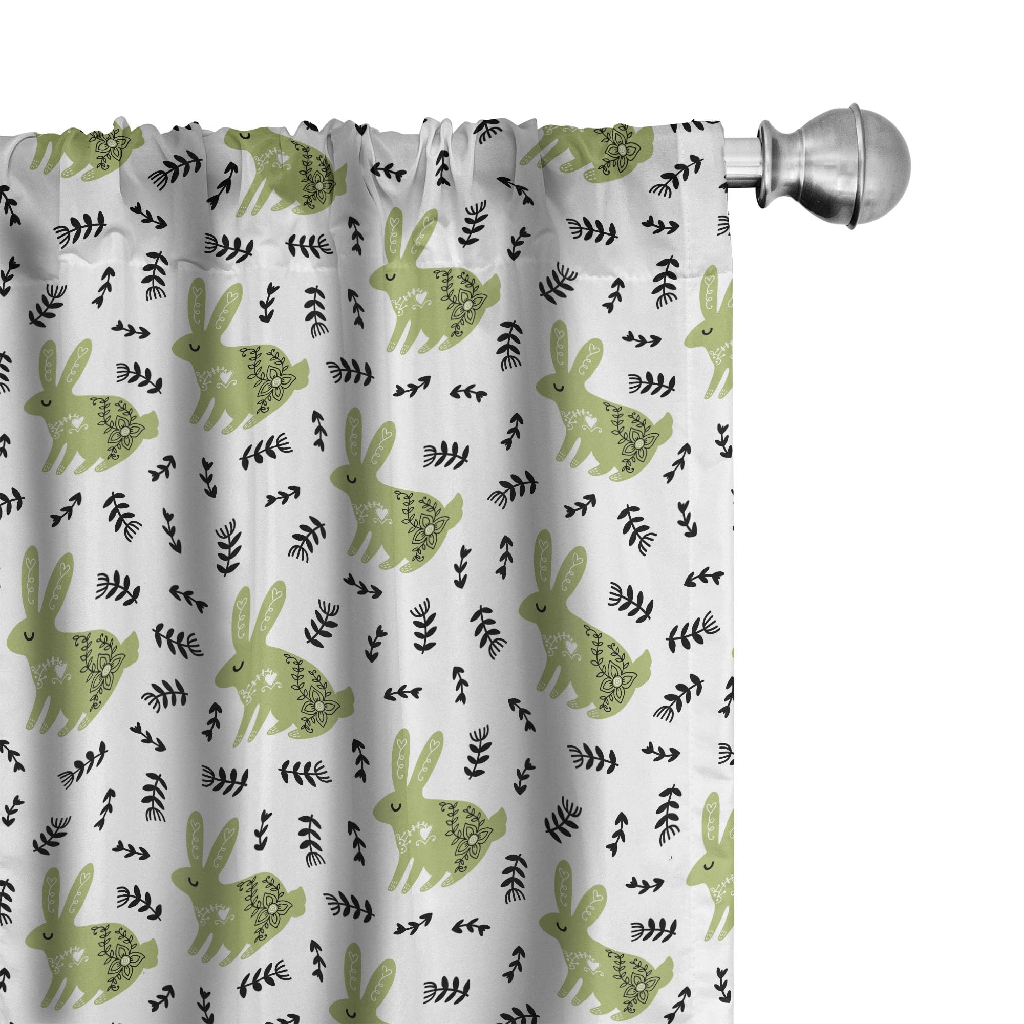 Ambesonne Rabbit Window Curtains - Scandinavian Floral Bunny Design with Leafy Stems, Lightweight Black & Pistachio Green 2-Panel Set (28