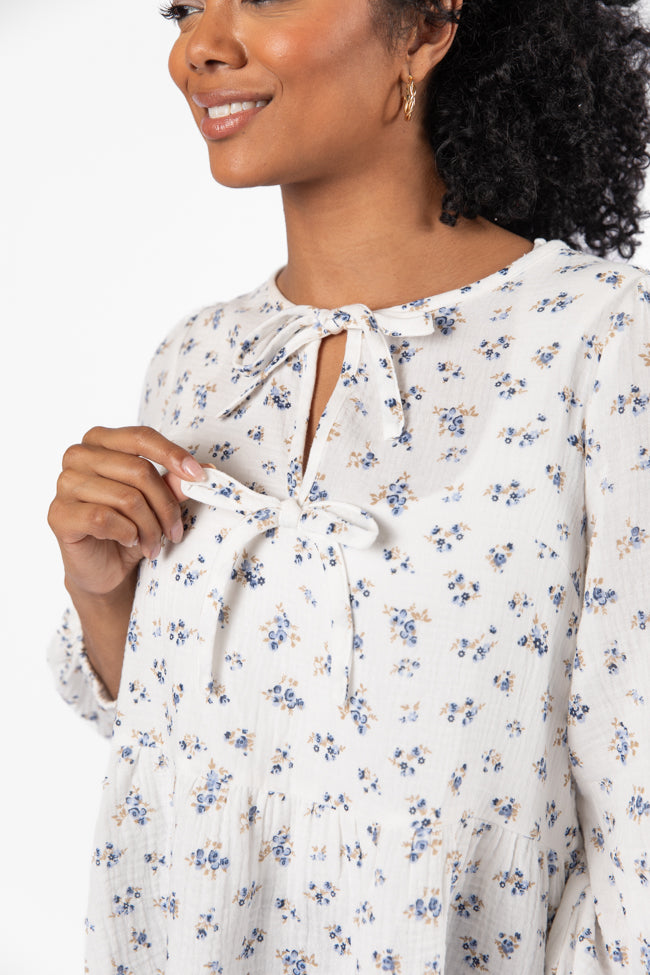 Elegant Ivory & Blue Bow Detail Floral Blouse for Women | Romantic Spring Summer Top | Perfect for Date Night, Office Wear & Special Occasions