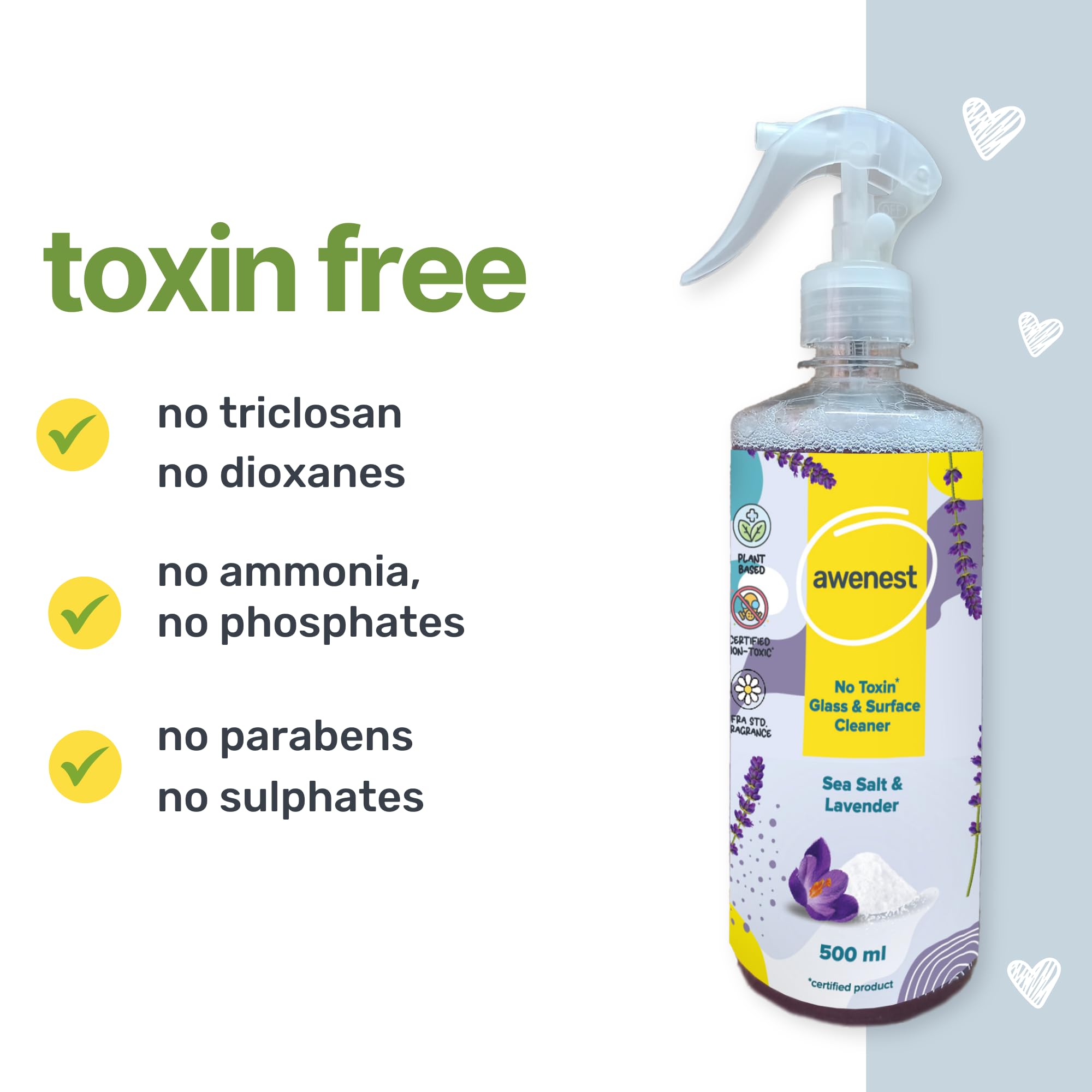 Awenest Organic Plant-Based Glass & Multipurpose Cleaner Concentrate Refill with Sea Salt & Lavender | All-Purpose Cleaner for Windows, Mirrors, Kitchen, Bathroom | Eco-Friendly Stain Remover | Perfect for Homes, Offices & Commercial Use (500ml)
