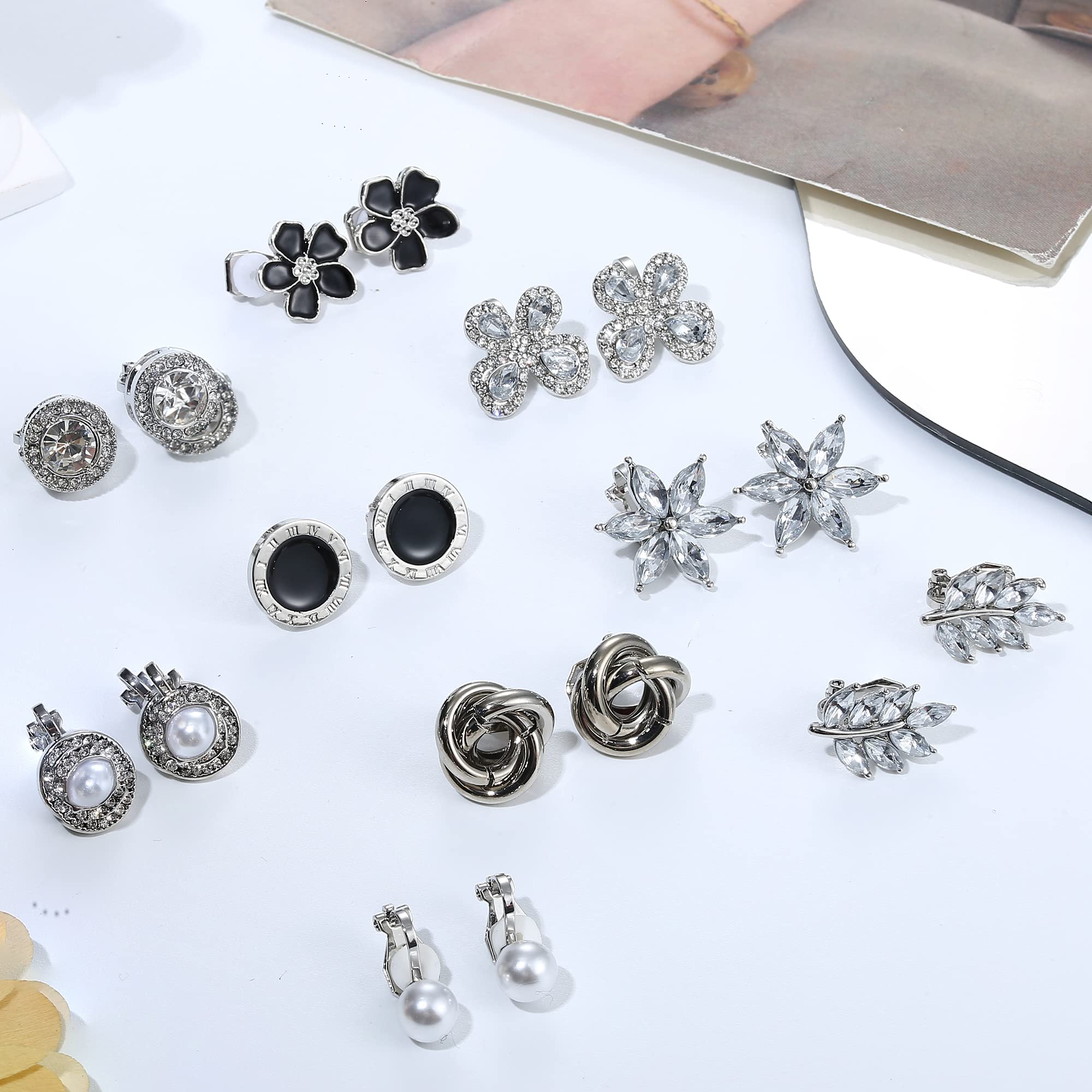 13 Pairs Hypoallergenic Clip On Earrings for Women - Gold & Silver Non-Pierced Stud & Dangle Earrings Set with Rhinestones, Simulated Pearls, Butterfly & Flower Designs | Perfect for Weddings, Parties & Everyday Wear