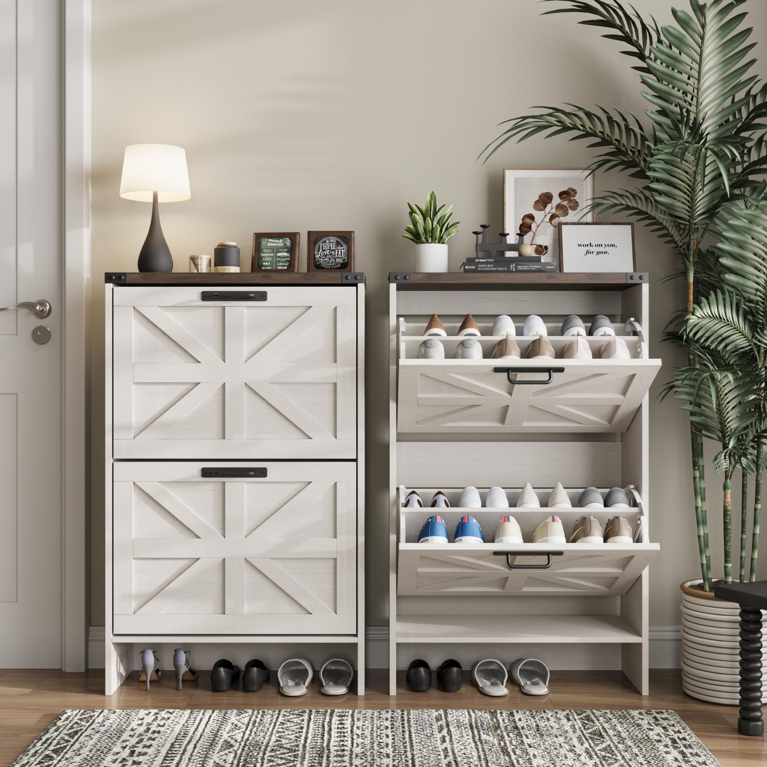 Farmhouse Style Slim Shoe Storage Cabinet with 2 Flip Drawers - Narrow Entryway Shoe Rack Organizer for Hidden Shoes - White - Perfect for Small Spaces, Apartments & Closet Organization