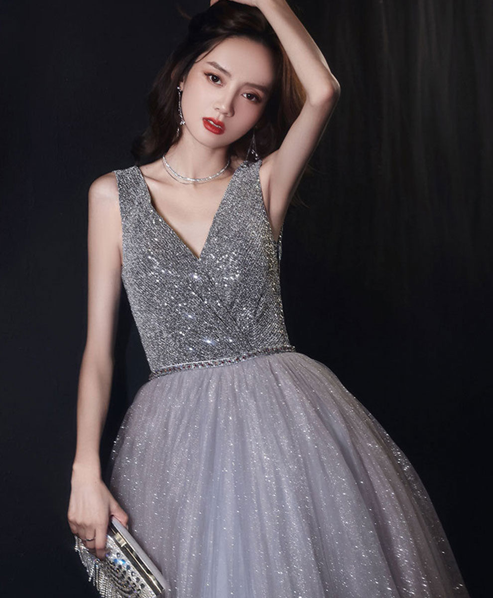 Elegant Gray Tulle V-Neck Sequin Long Prom Dress for Women | Formal Evening Gown for Homecoming, Ball, and Special Occasions