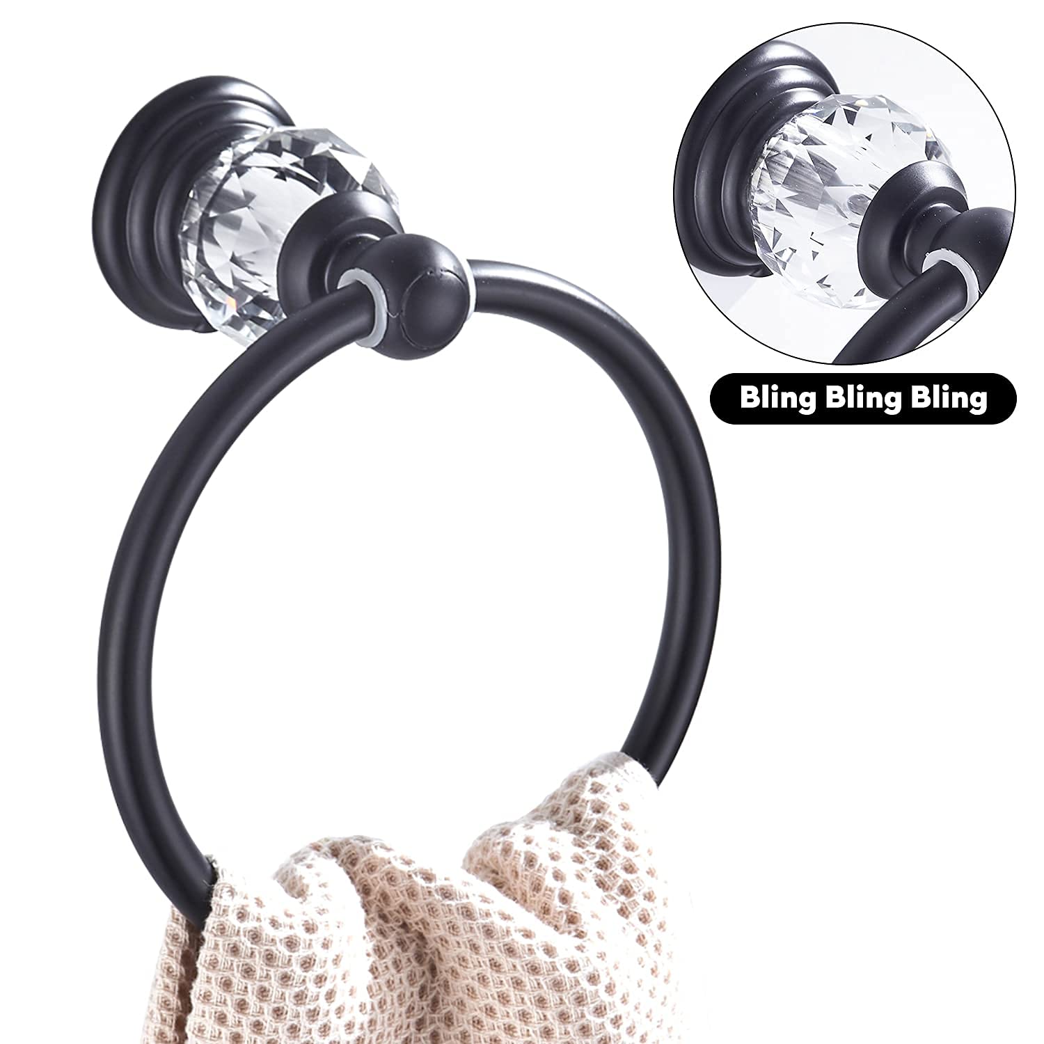 WINCASE Matte Black Crystal Towel Ring - Wall Mounted Bathroom Hand Towel Holder & Round Towel Hanger Rack for Modern Home Decor | Perfect for Guest Bathrooms, Powder Rooms & Spa-Style Showers