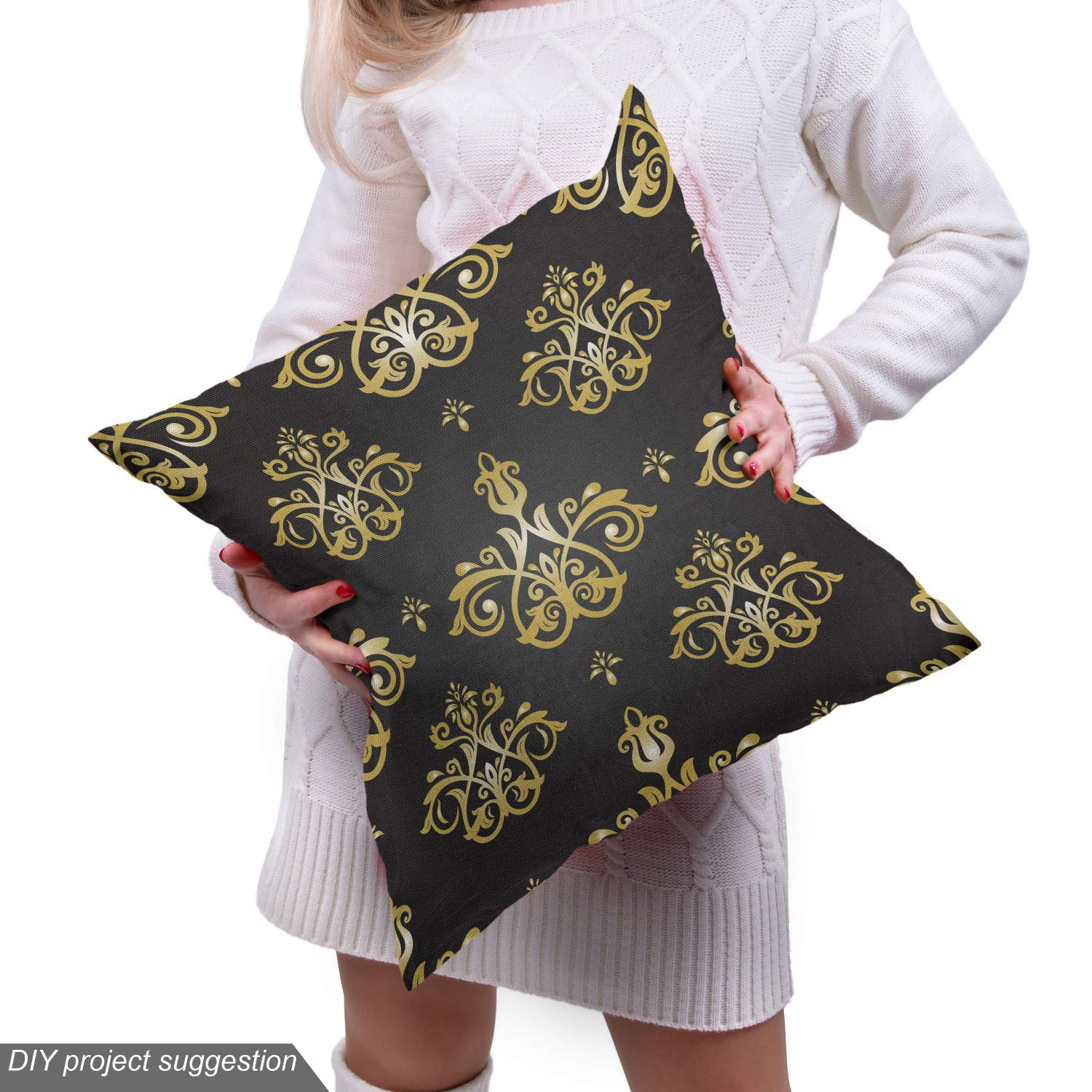 Ambesonne Yellow Damask Fabric - Venetian Floral Upholstery for Home Decor
