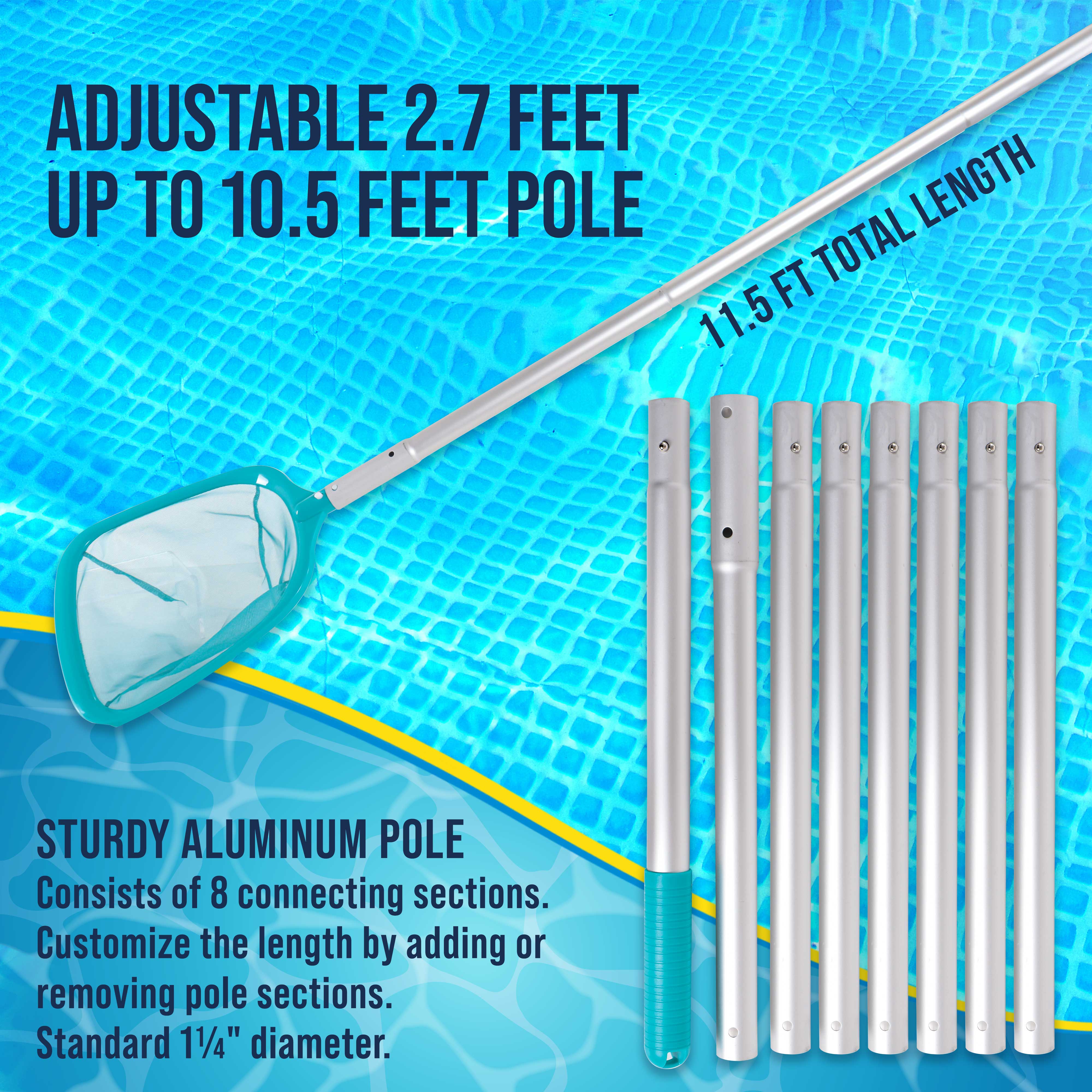 11.5 Foot Swimming Pool Leaf Skimmer Net with Telescopic Aluminum Pole - 8-Section Deep Fine Mesh Netting for Efficient Debris Removal | Perfect for In-Ground & Above Ground Pools, Spas, and Backyard Maintenance