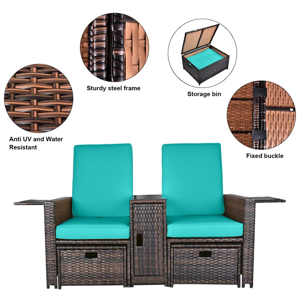 5PCS Outdoor Wicker Chaise Lounge Chair Set - Adjustable Rattan Reclining Patio Furniture with Ottoman & Coffee Table, Waterproof Cushions for Backyard, Poolside, Beach (Brown Wicker & Turquoise Cushion) | Perfect for Sunbathing, Relaxing & Outdoor Entertaining