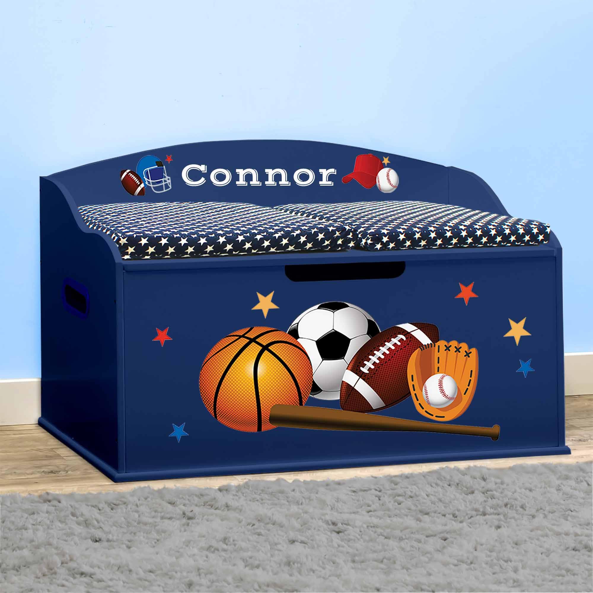 DIBSIES Personalized Creative Wonders Toy Box - Sports Themed, Blue Storage Organizer for Kids' Room, Playroom & Nursery | Perfect for Toy Storage, Gift Giving & Home Decor