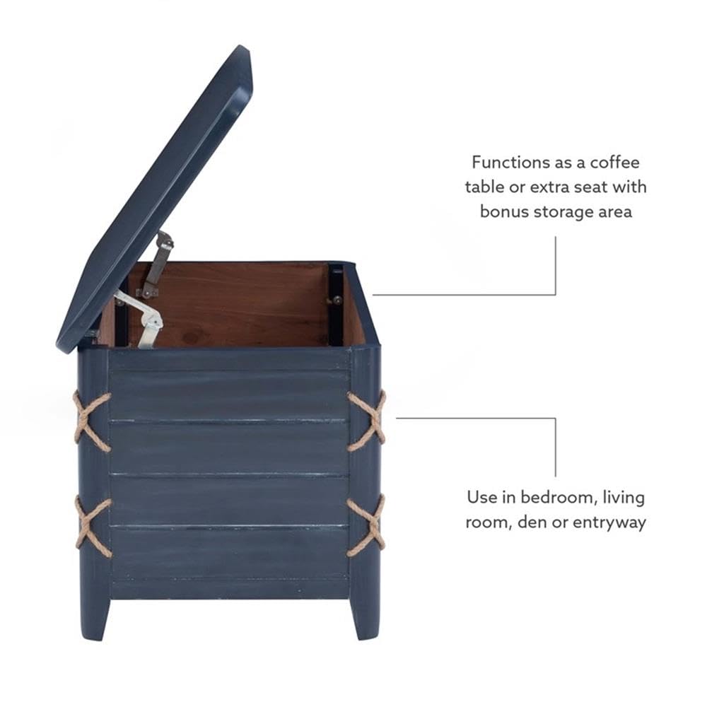 Linon Zana Blue Distressed Wood Cedar Lined Storage Chest with Rope Detail - Perfect for Bedroom Closet Organization & Blanket Storage