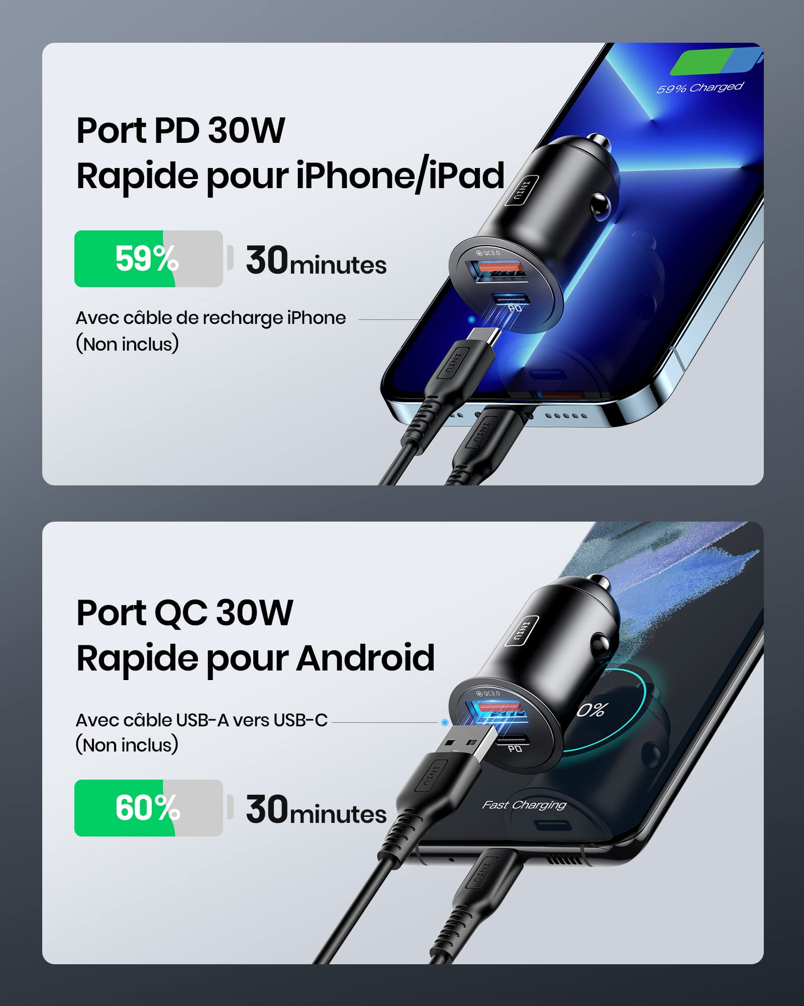 INIU 60W Fast Car Charger with USB-C & USB-A Ports, 12V Cigarette Lighter Adapter for iPhone 16/15/14/13/12/11 Pro Max/Mini/Plus, Samsung S38, Huawei, iPad, AirPods, Switch - Perfect for Road Trips & Daily Commutes
