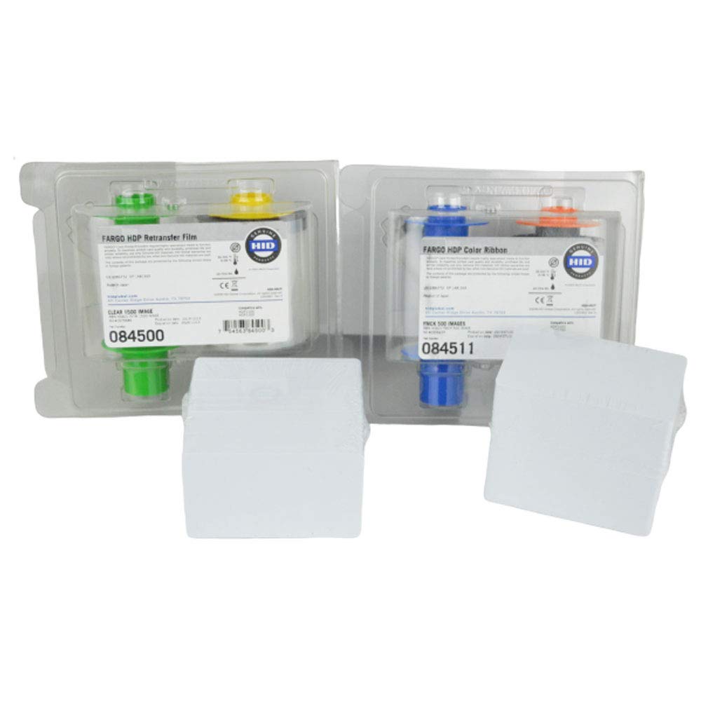 Fargo 84511 YMCK Ribbon (500 Print Yield) & 84500 Transfer Film (1500 Transfer) with 200 White PVC CR80.30 Cards - Premium ID Card Printing Kit for Offices, Schools & Security Systems
