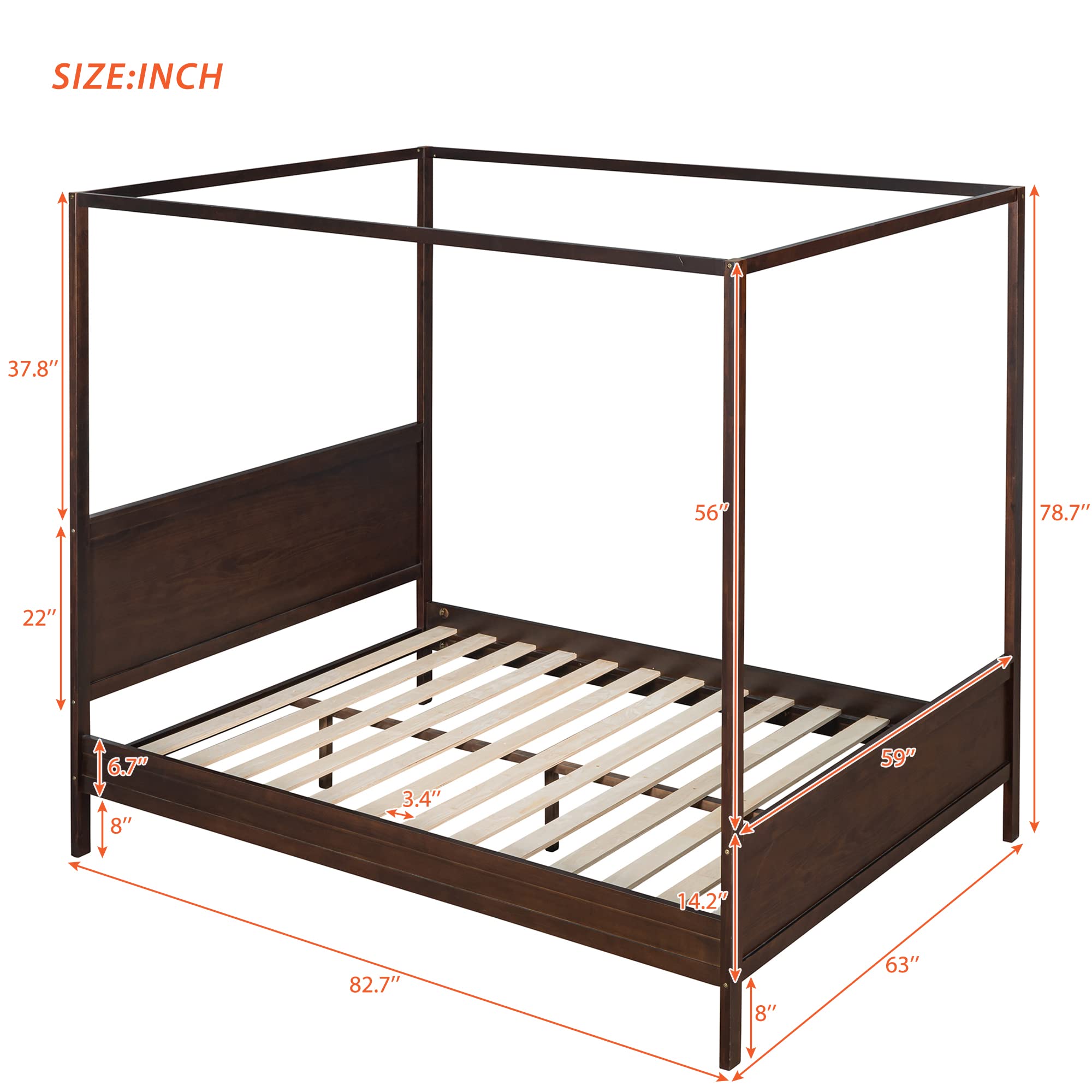 Queen Size Wood Canopy Bed with 2 Nightstands - Modern Kids Bedroom Set for Girls, Boys & Teens - Espresso Finish - Customizable Decor for Bedrooms, Dorms & Guest Rooms