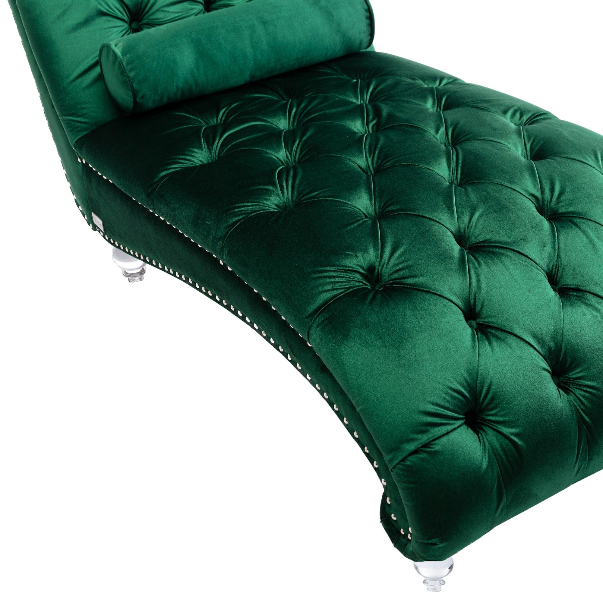 Luxury Velvet Chaise Lounge Chair - Button Tufted Upholstered Sofa with Pillow for Bedroom, Living Room & Office | Emerald Green Velvet Fabric | Perfect for Reading Nook, Lounge Area & Home Decor