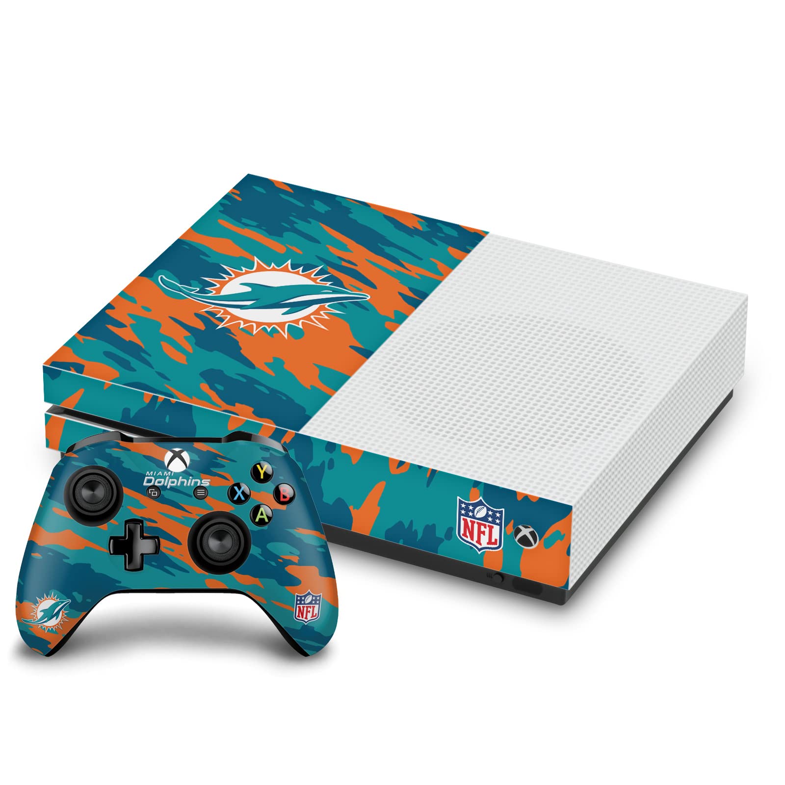 Official NFL Miami Dolphins Camouflage Vinyl Skin Sticker for Xbox One S Console & Controller Bundle - Compatible with Gaming Accessories, Perfect for Fans & Gamers